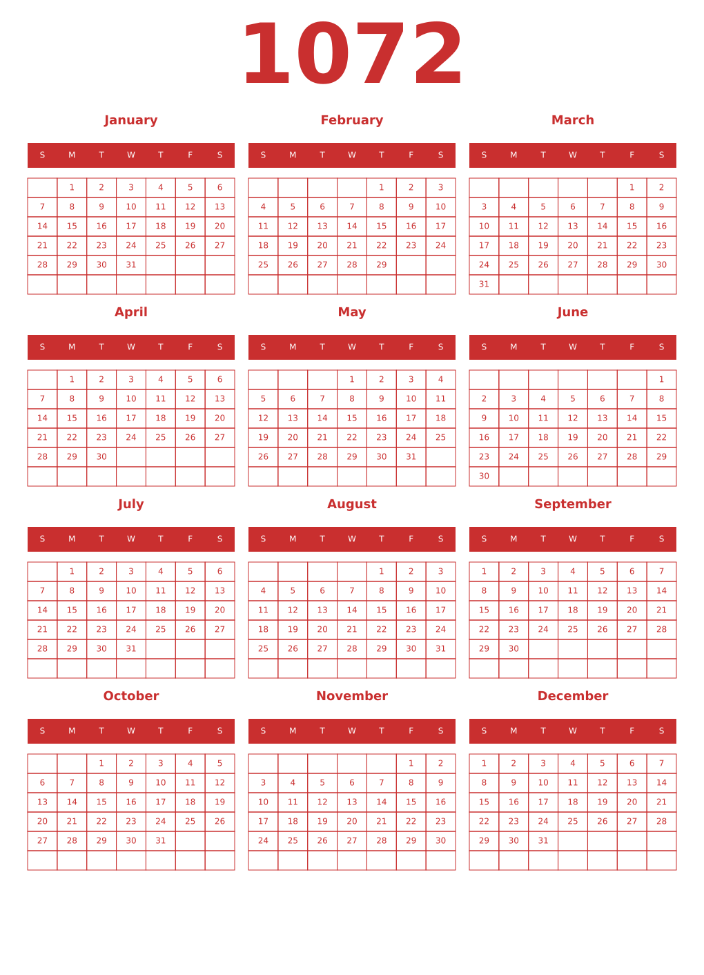 Printable 1072 Year Calendars red