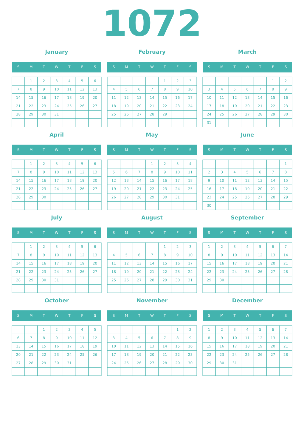 Printable 1072 Year Calendars verdigris