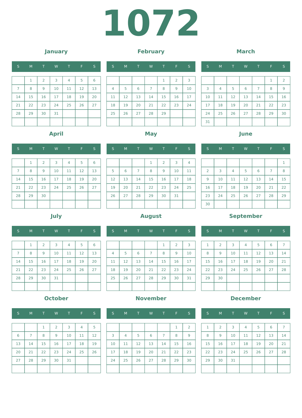 Printable 1072 Year Calendars viridian