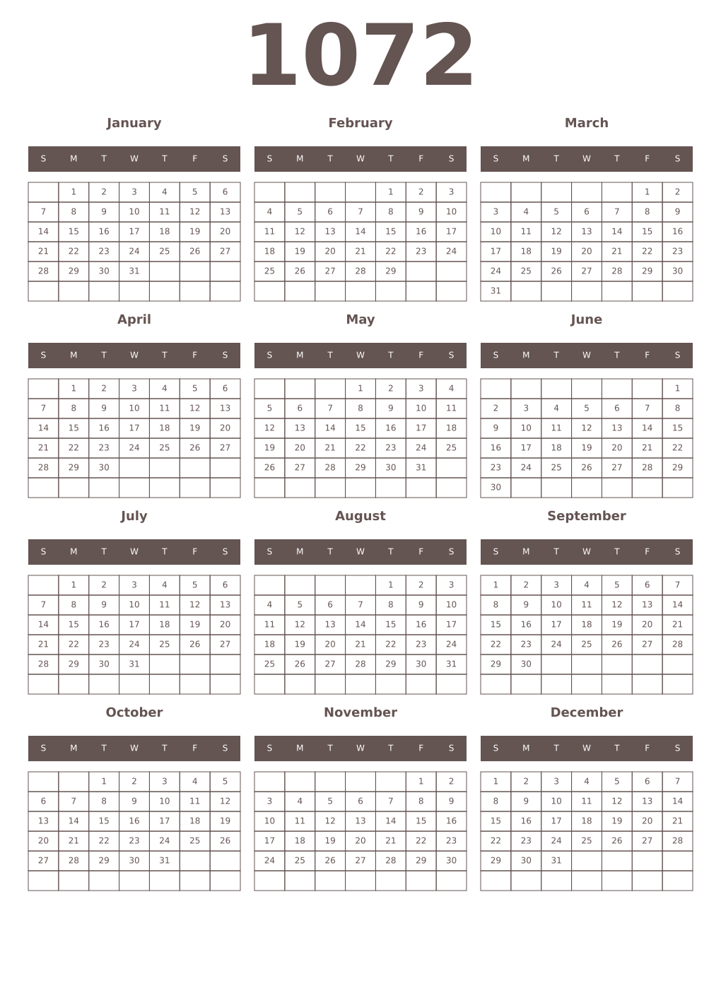 Printable 1072 Year Calendars wenge