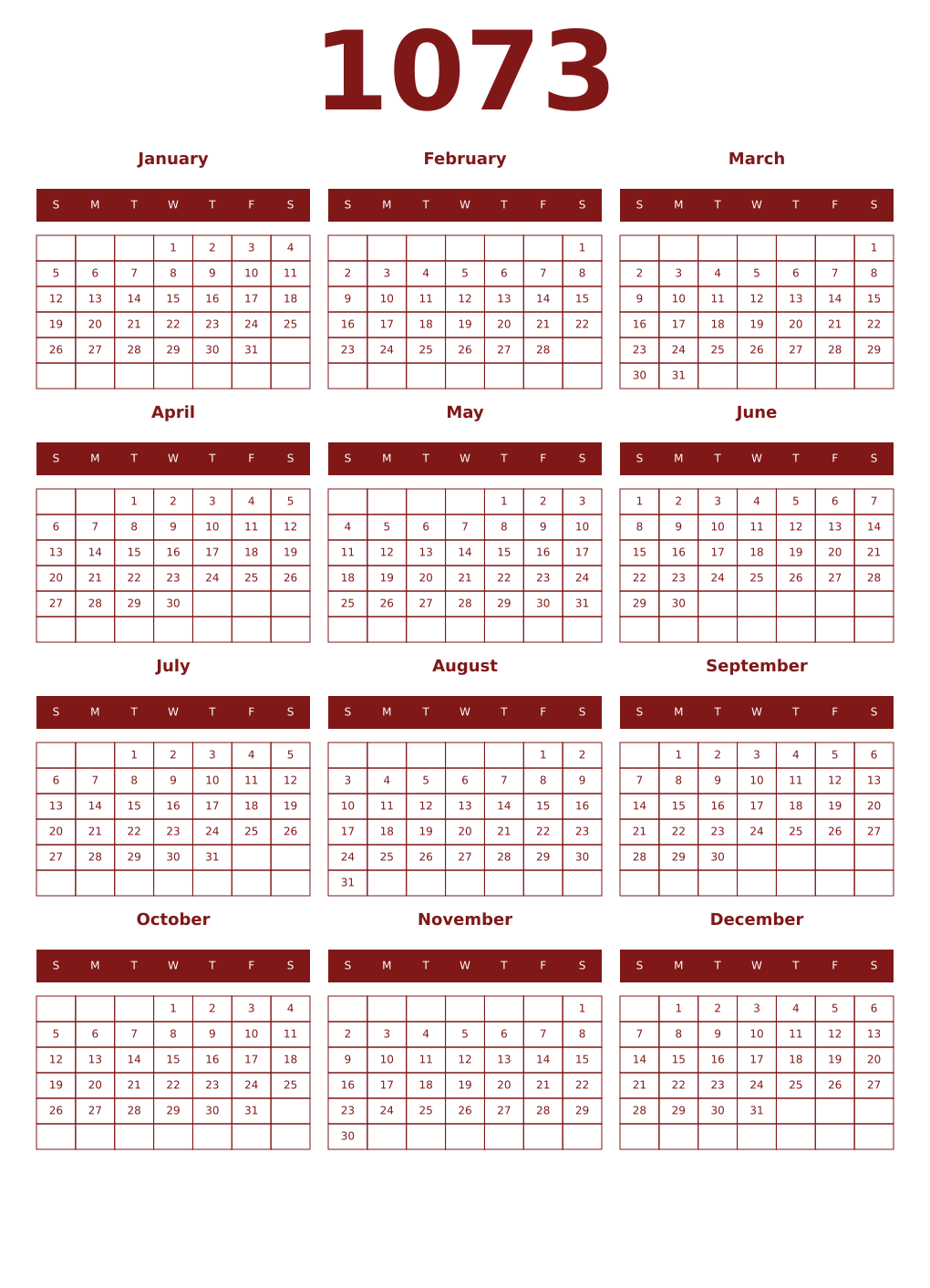 Printable 1073 Year Calendars falu