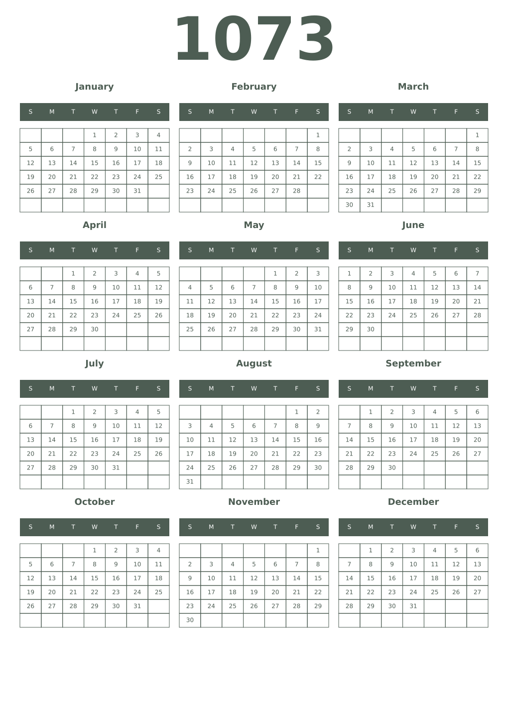 Printable 1073 Year Calendars feldgrau