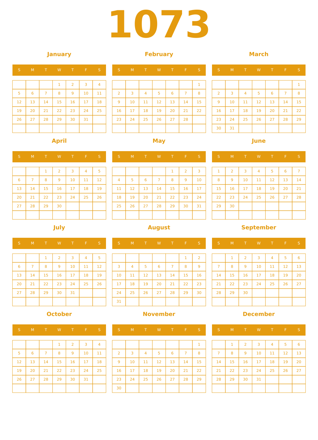Printable 1073 Year Calendars gamboge