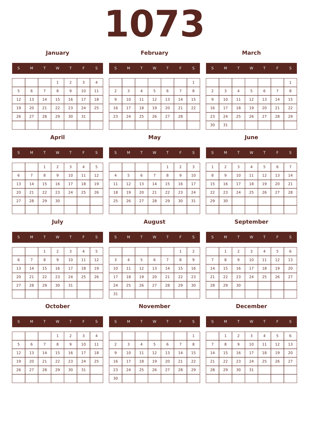 Printable 1073 Year Calendars mortuum