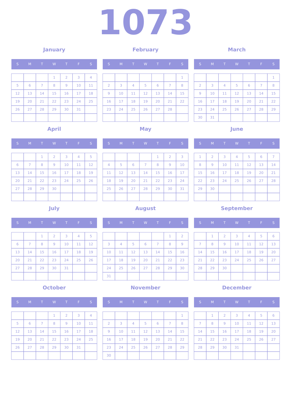Printable 1073 Year Calendars periwinkle