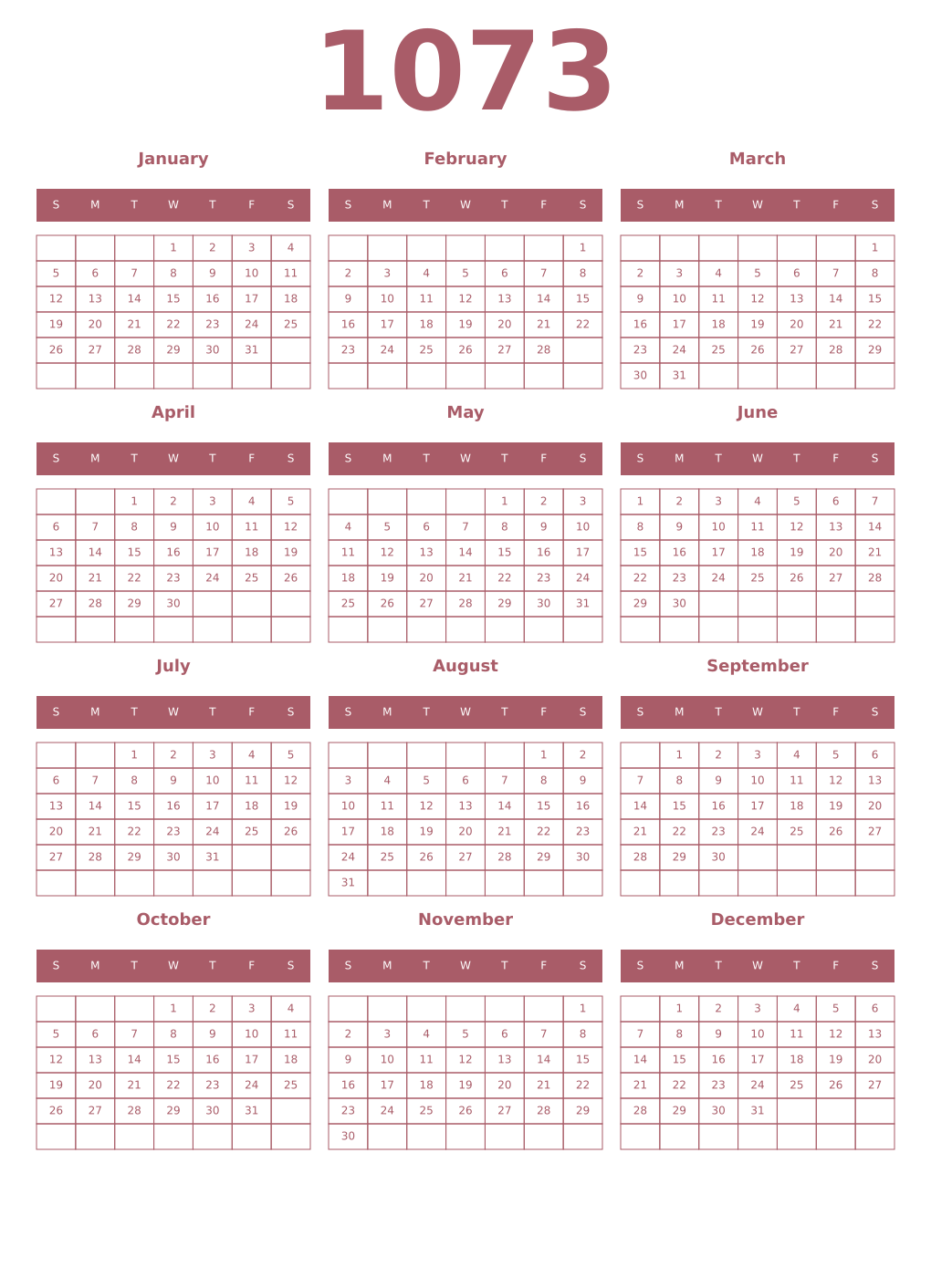 Printable 1073 Year Calendars puce