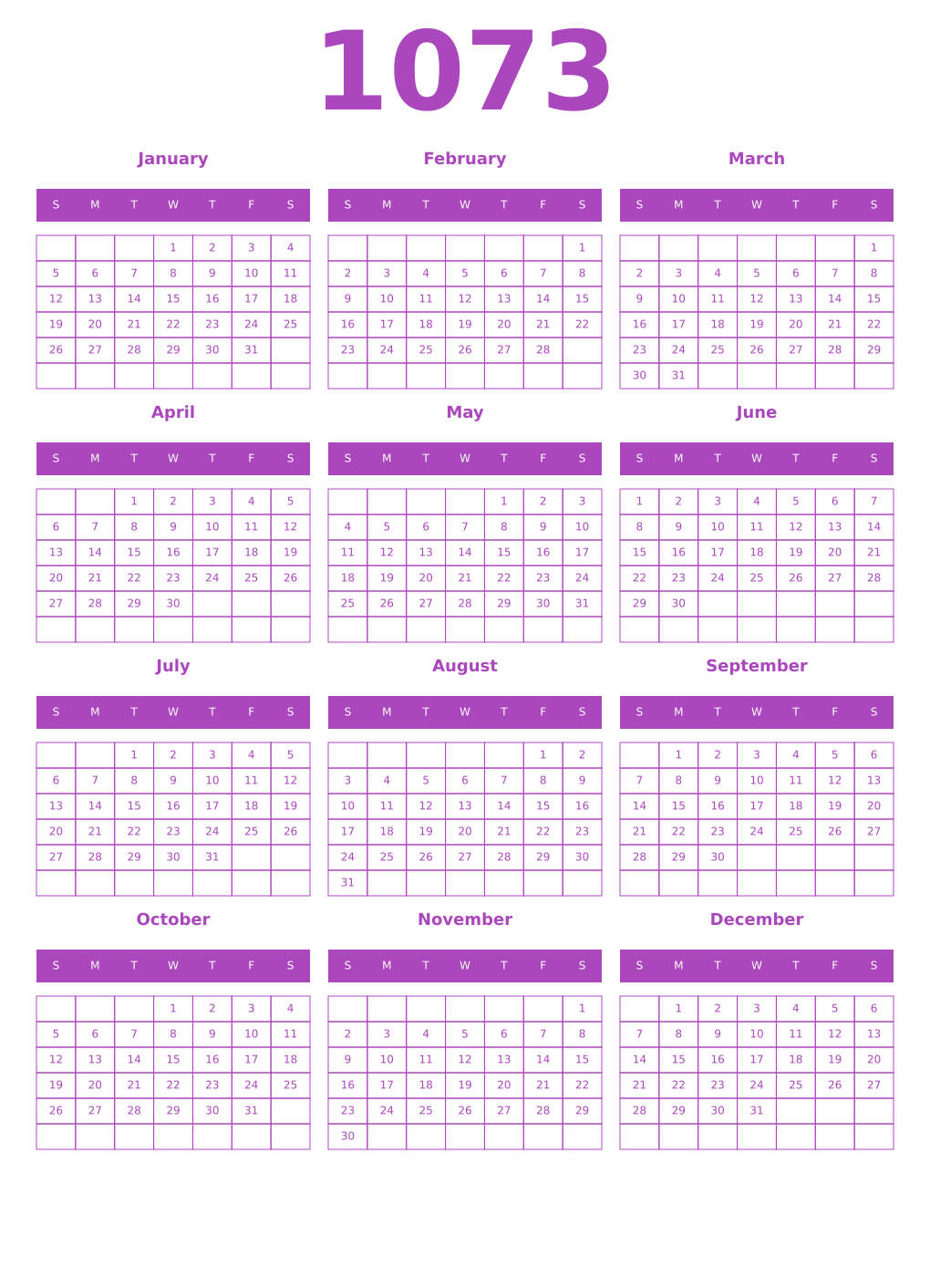 Printable 1073 Year Calendars purple