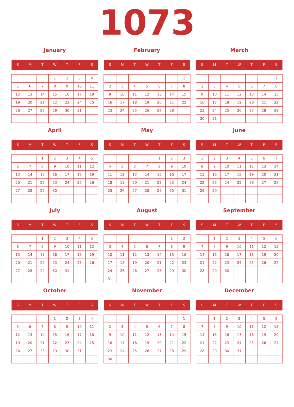 Printable 1073 Year Calendars red