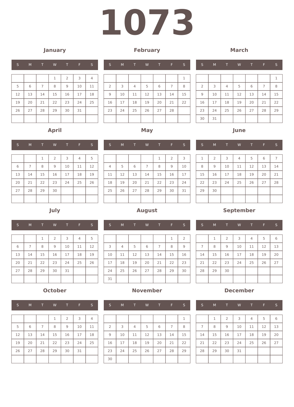 Printable 1073 Year Calendars wenge