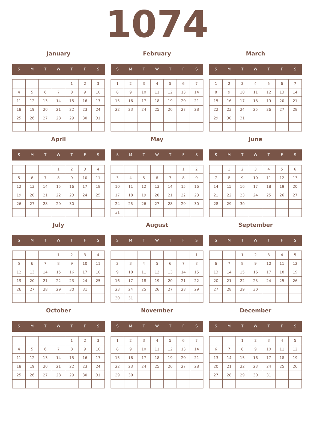 Printable 1074 Year Calendars coffe