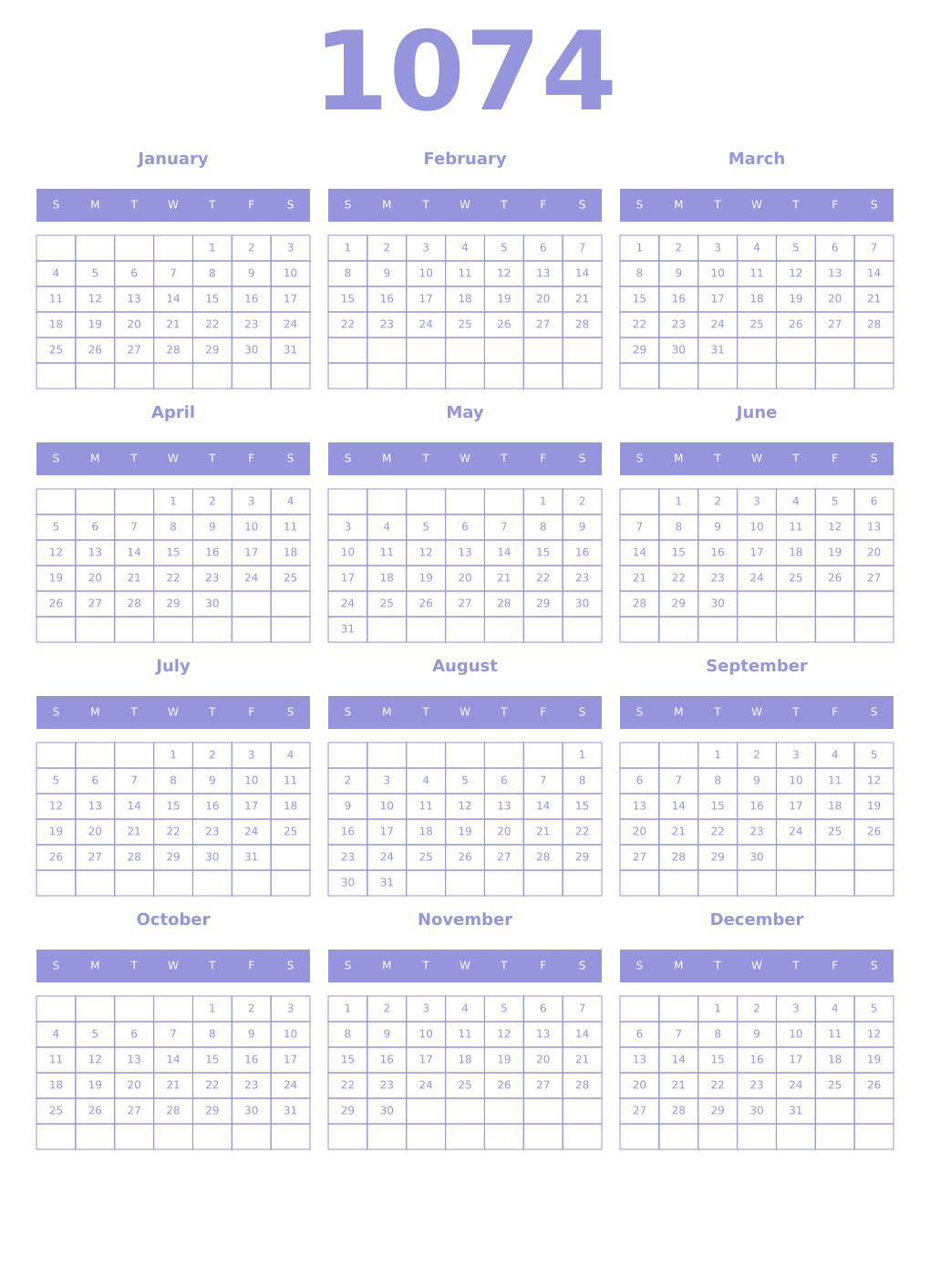 Printable 1074 Year Calendars periwinkle