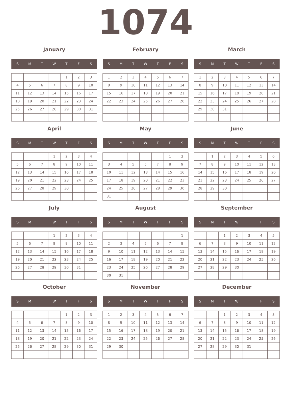 Printable 1074 Year Calendars wenge