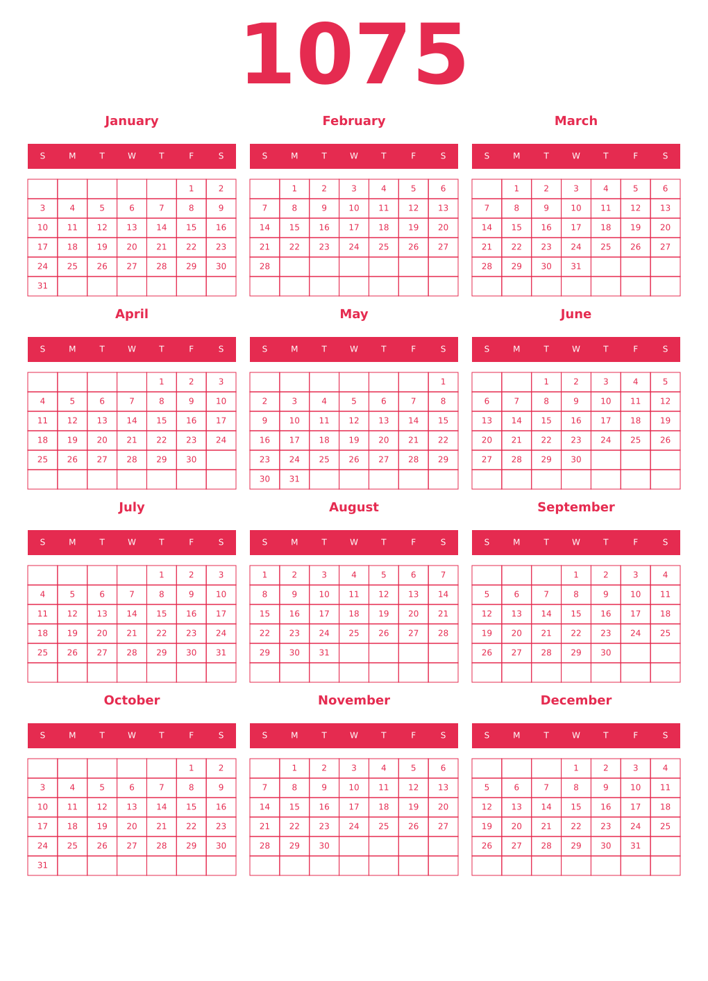 Printable 1075 Year Calendars amaranth