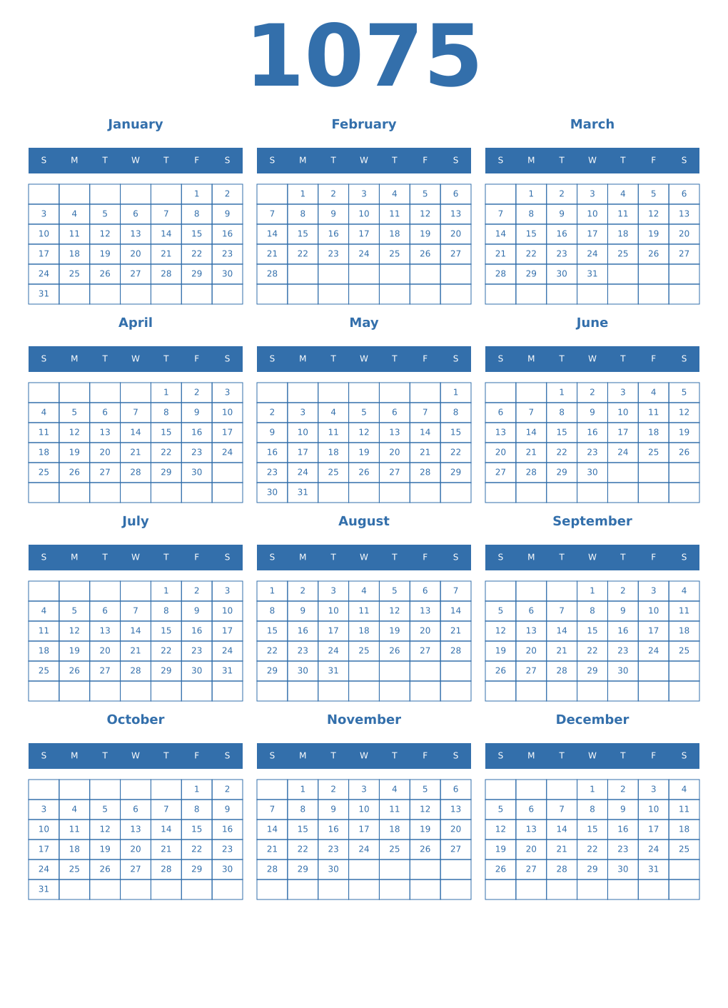 Printable 1075 Year Calendars blue