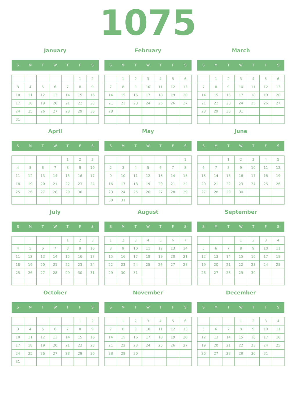 Printable 1075 Year Calendars celadon