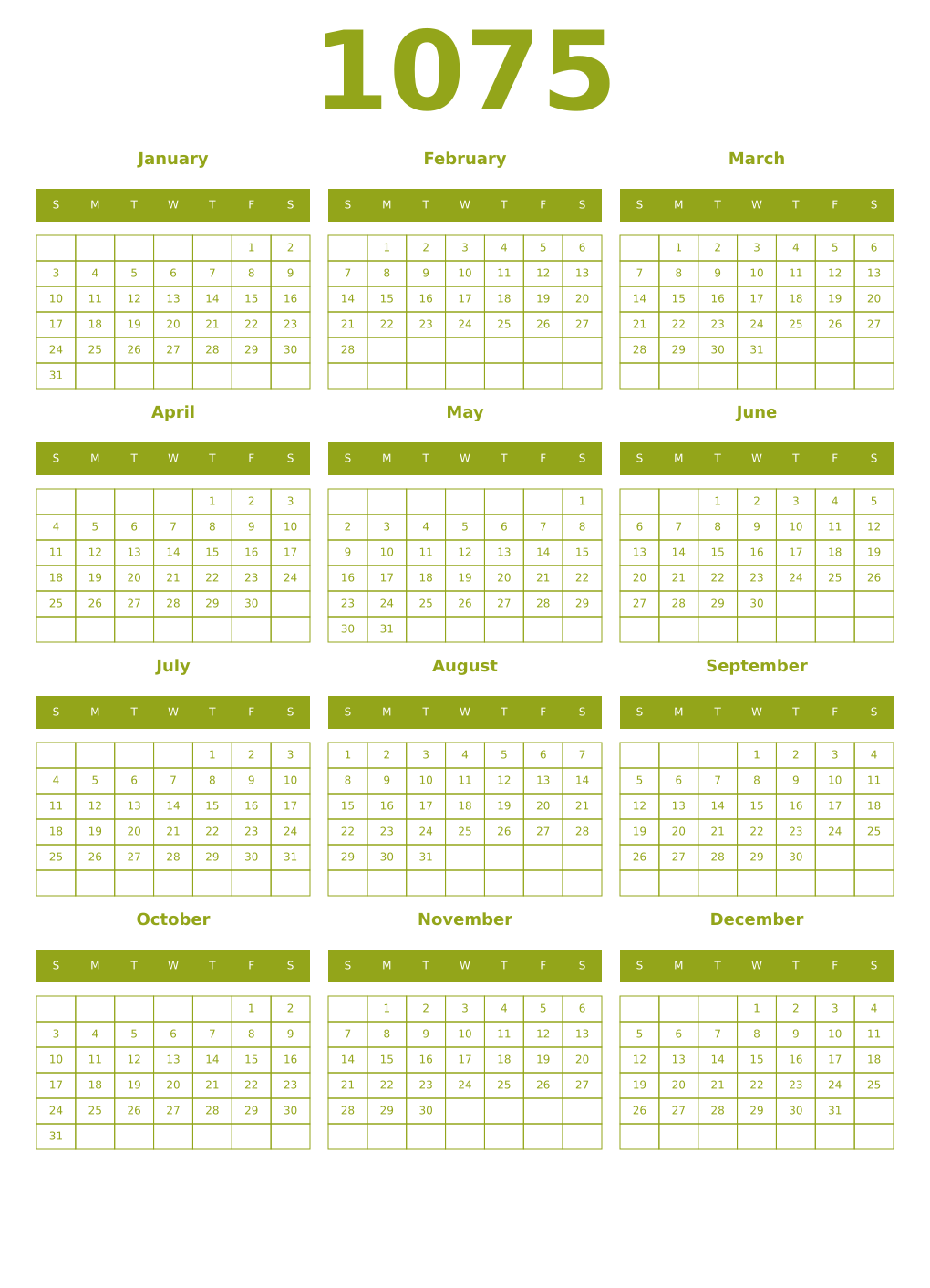 Printable 1075 Year Calendars chartreuse
