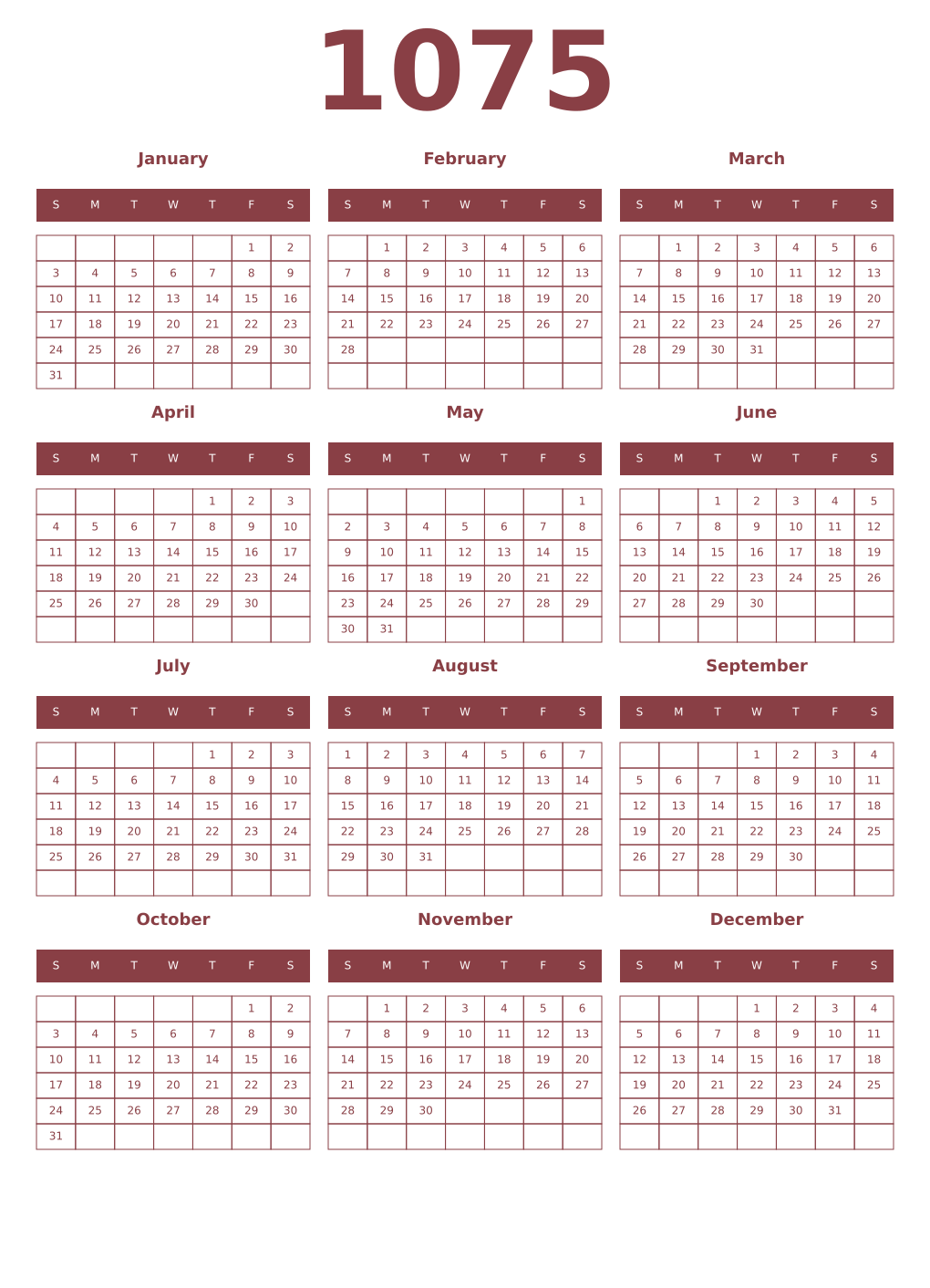 Printable 1075 Year Calendars cordovan