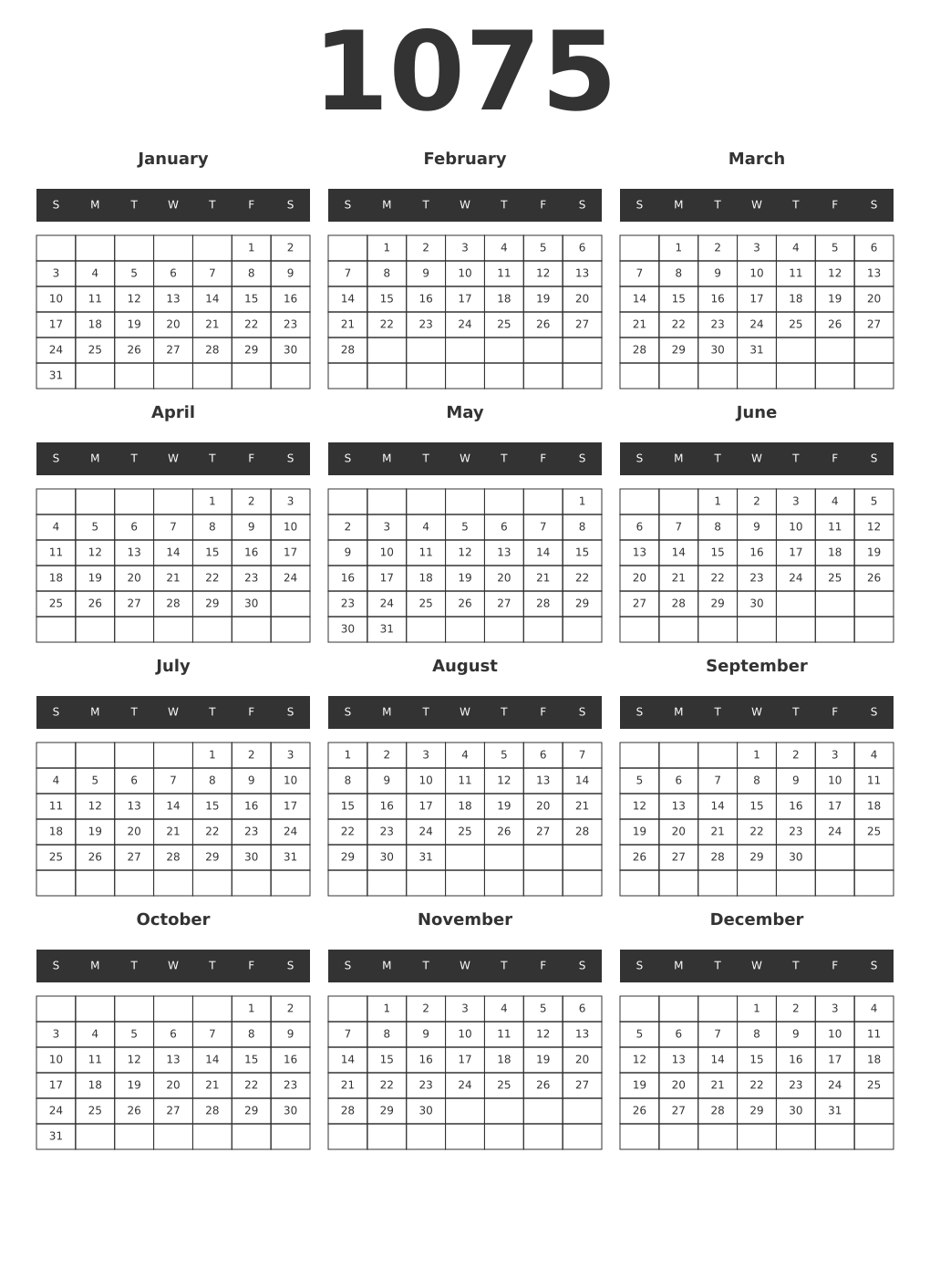 Printable 1075 Year Calendars dark