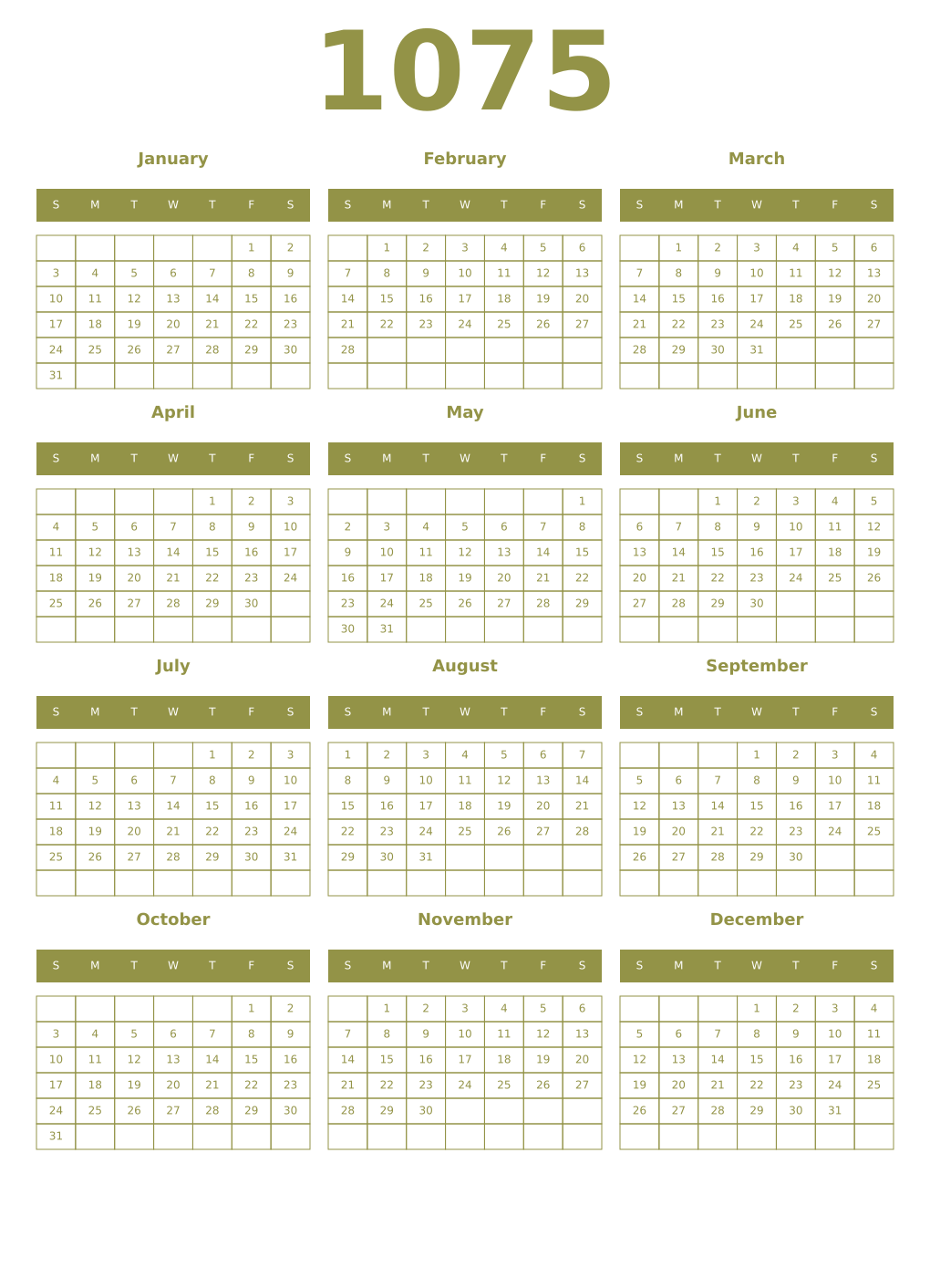 Printable 1075 Year Calendars eburnean