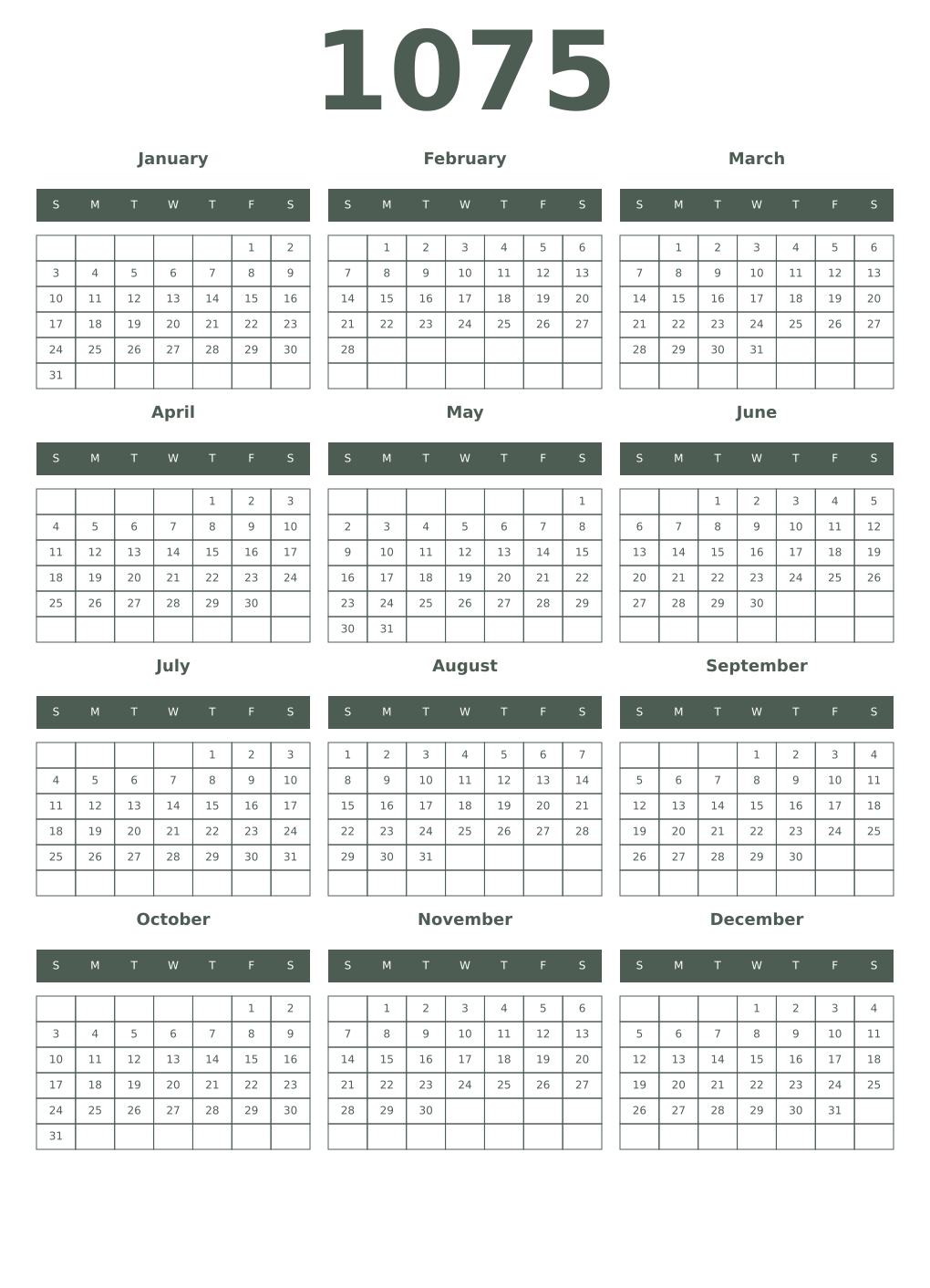 Printable 1075 Year Calendars feldgrau