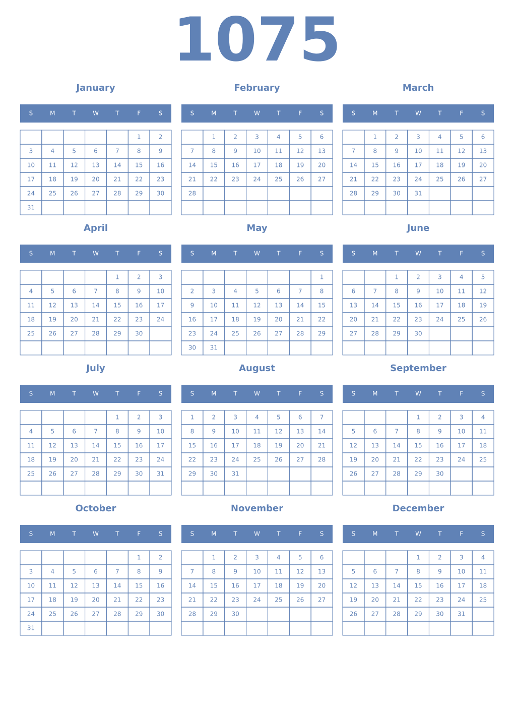 Printable 1075 Year Calendars glaucous