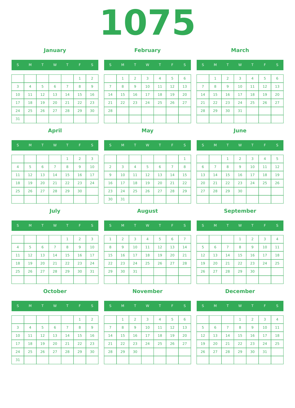 Printable 1075 Year Calendars green