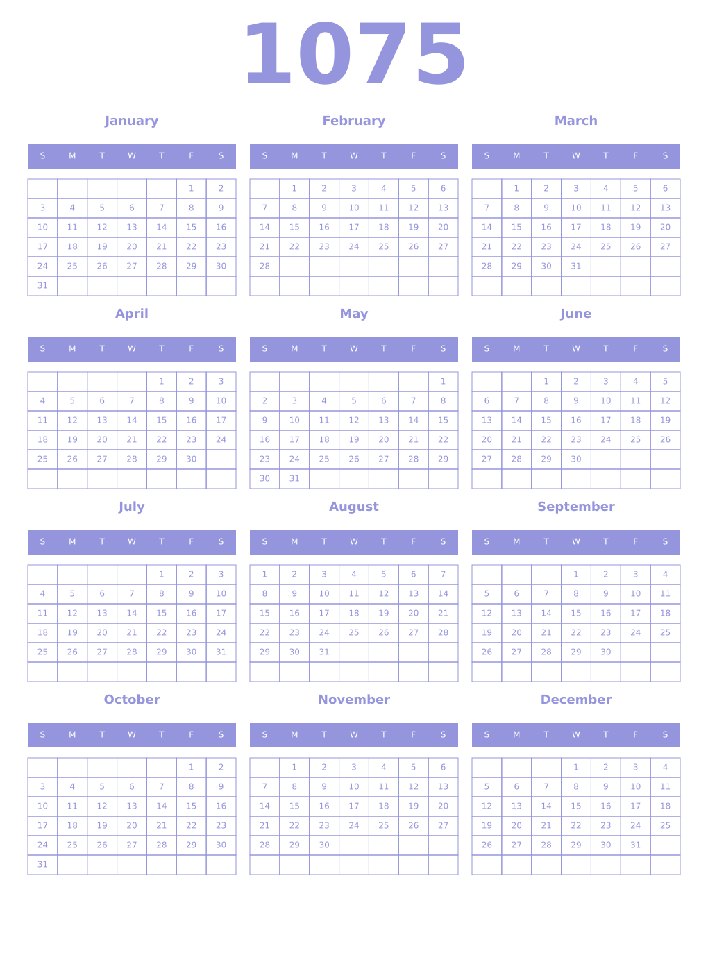 Printable 1075 Year Calendars periwinkle