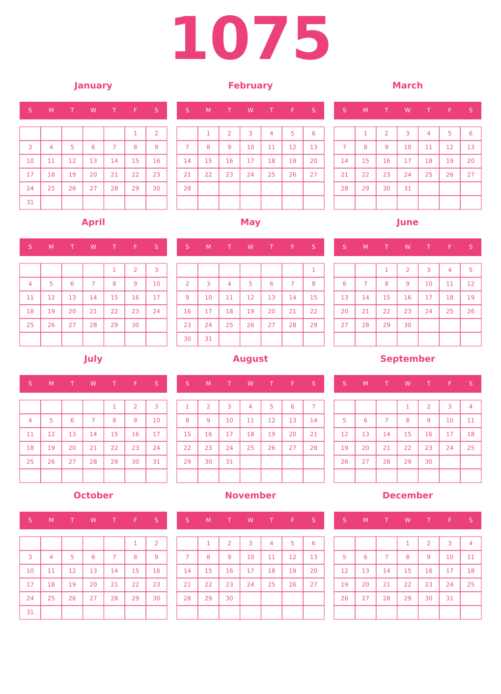 Printable 1075 Year Calendars pink