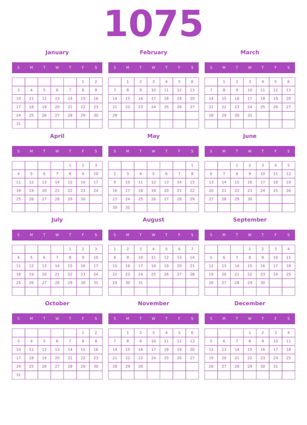 Printable 1075 Year Calendars purple