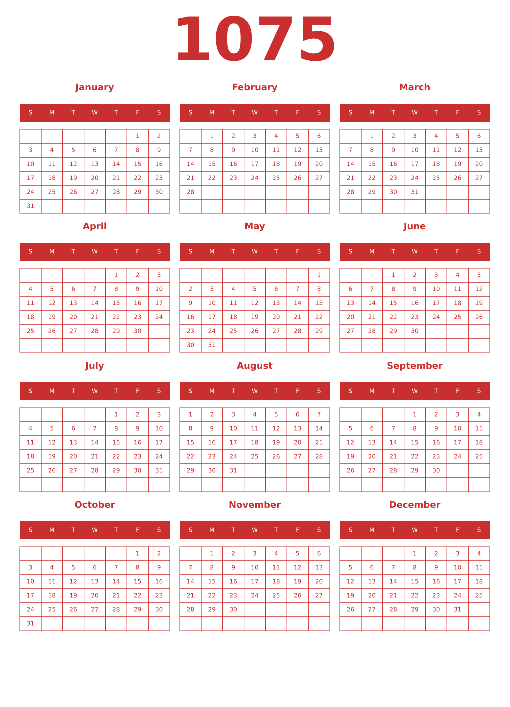 Printable 1075 Year Calendars red