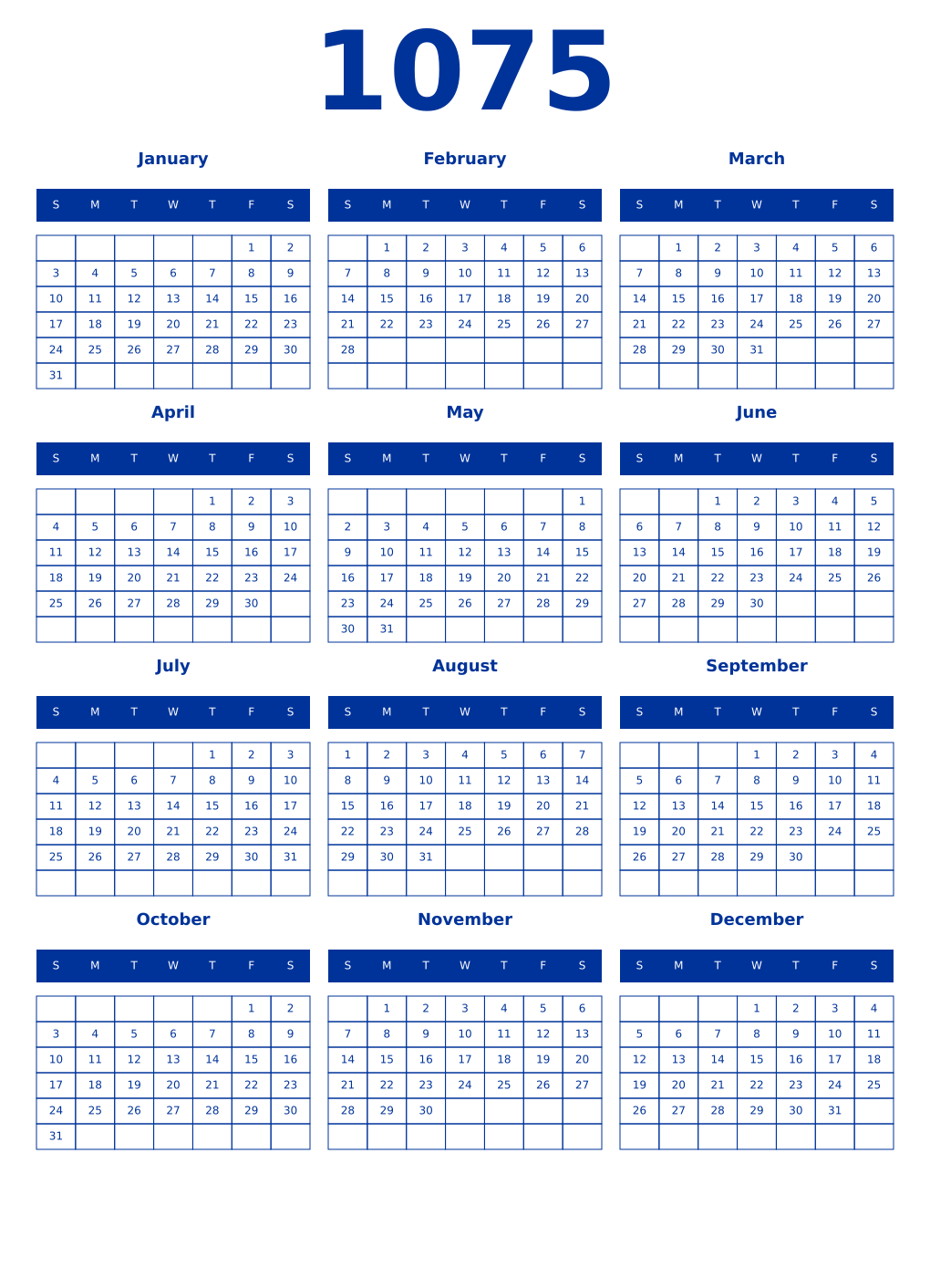 Printable 1075 Year Calendars smalt