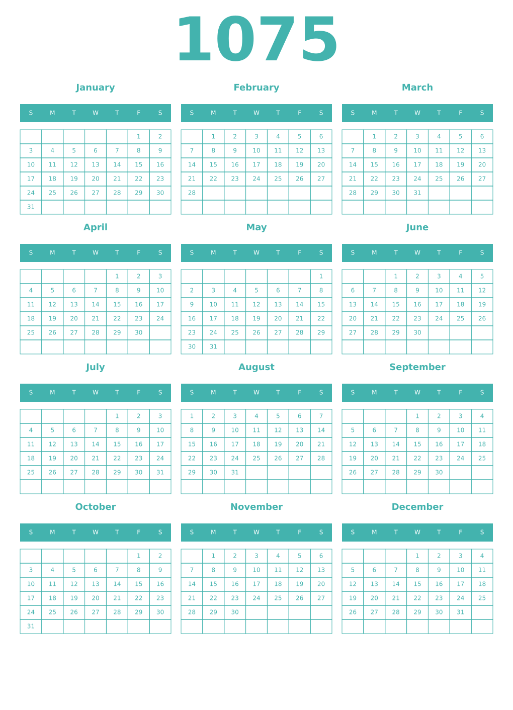 Printable 1075 Year Calendars verdigris