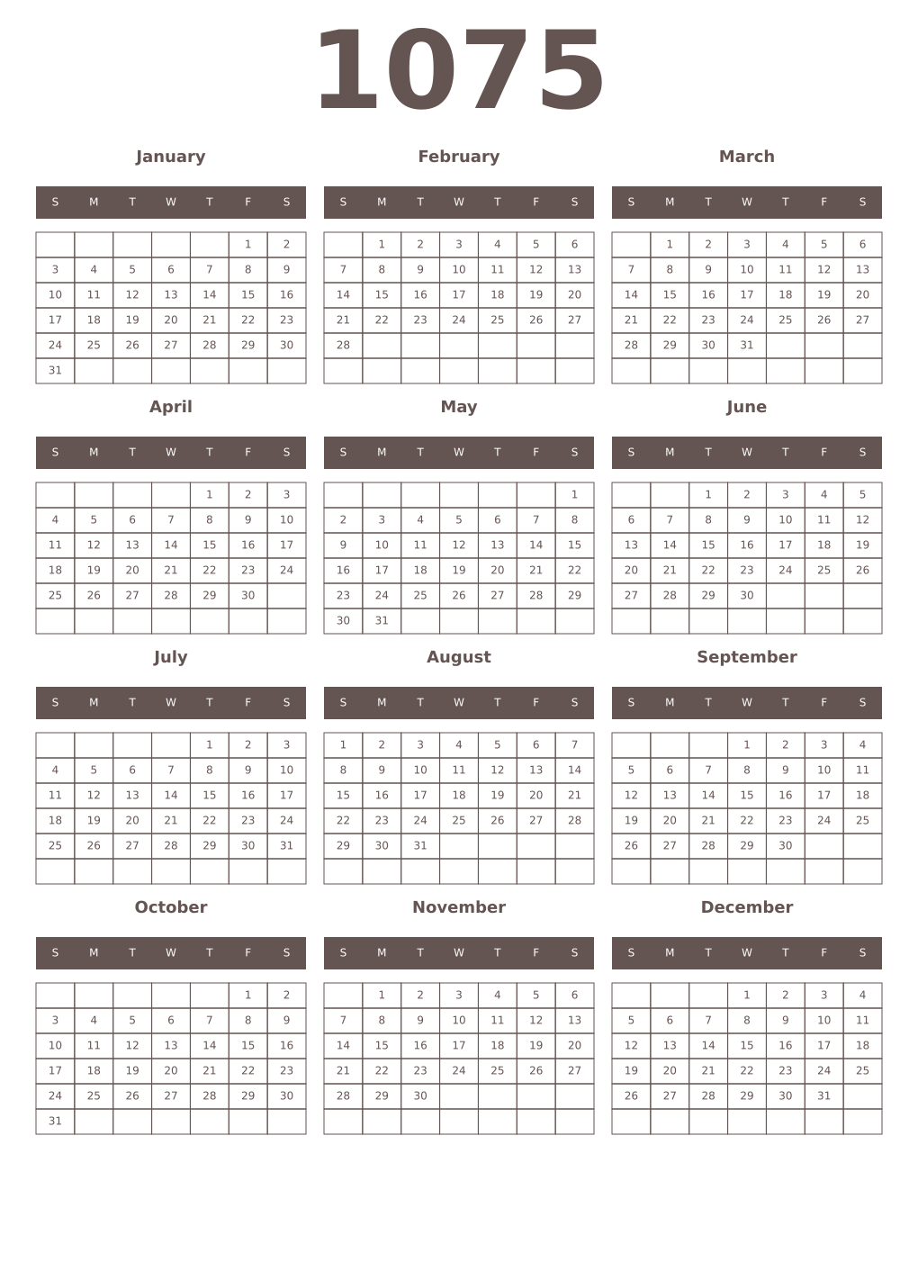 Printable 1075 Year Calendars wenge