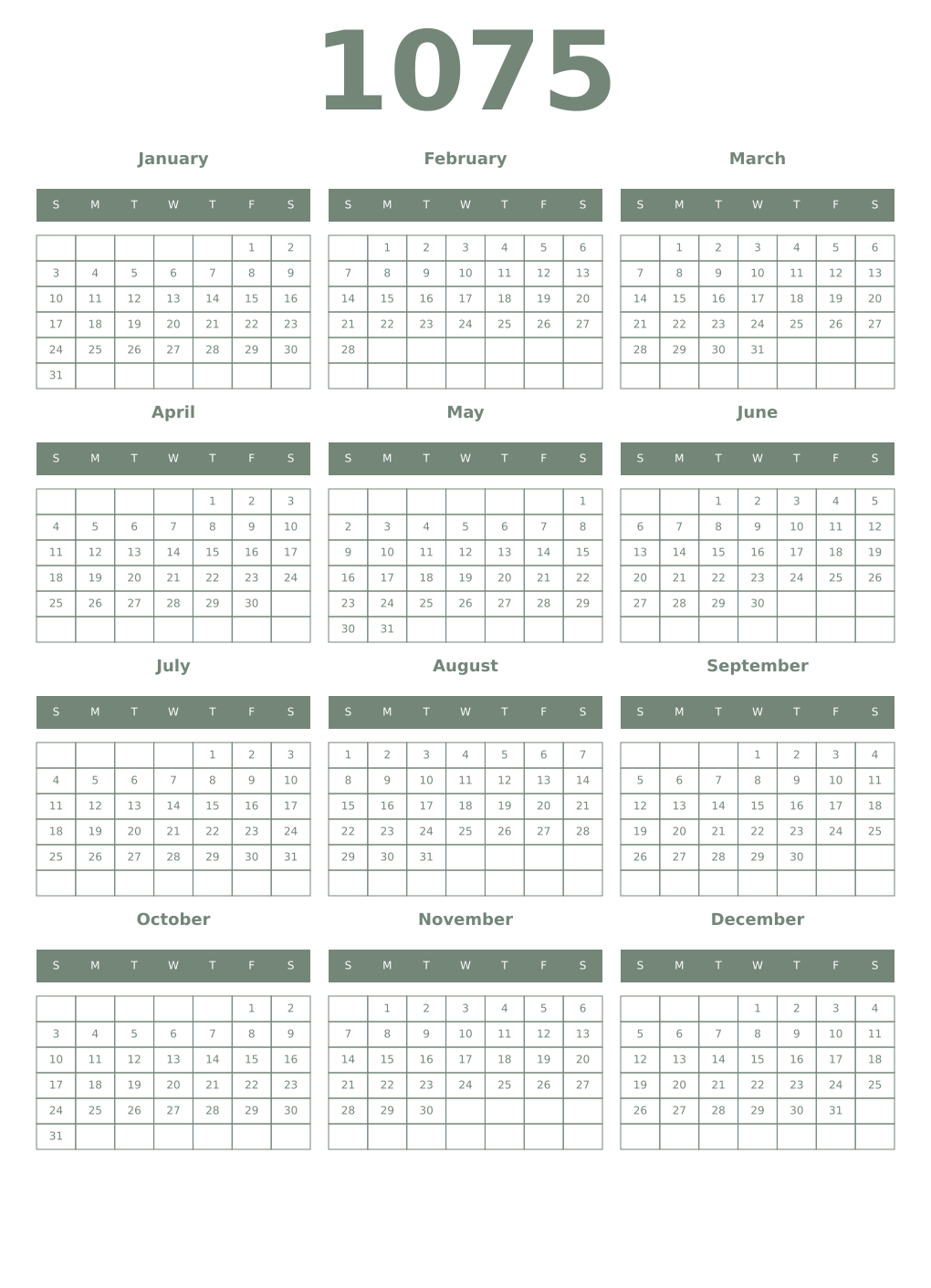 Printable 1075 Year Calendars xanadu
