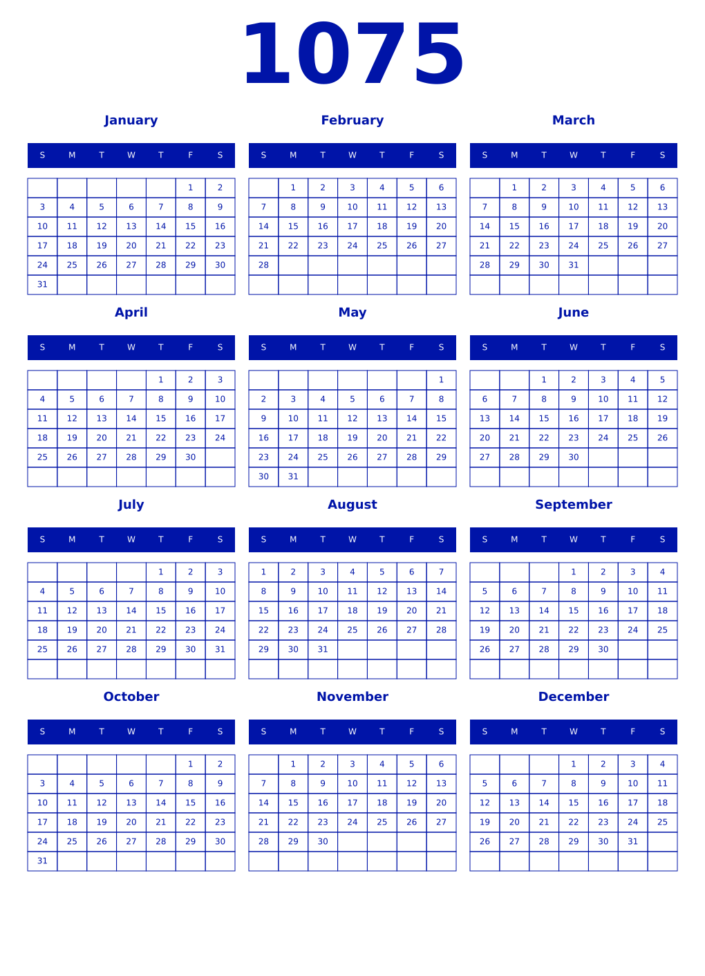 Printable 1075 Year Calendars zaffre