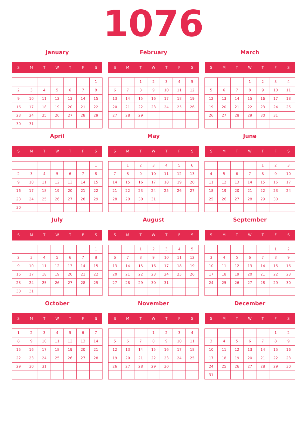 Printable 1076 Year Calendars amaranth