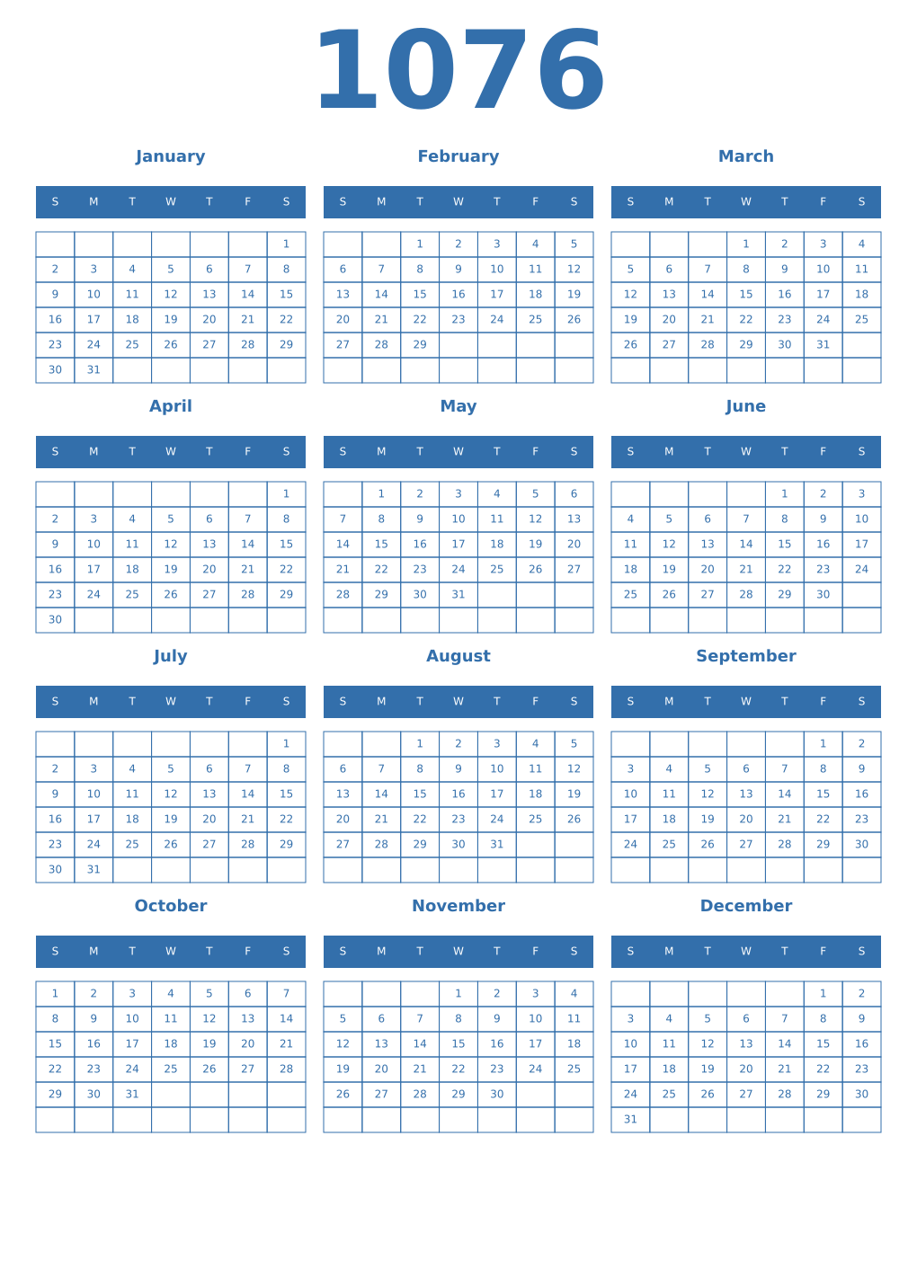 Printable 1076 Year Calendars blue