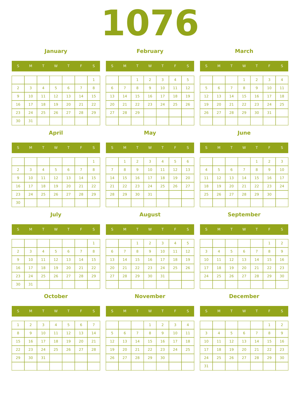 Printable 1076 Year Calendars chartreuse