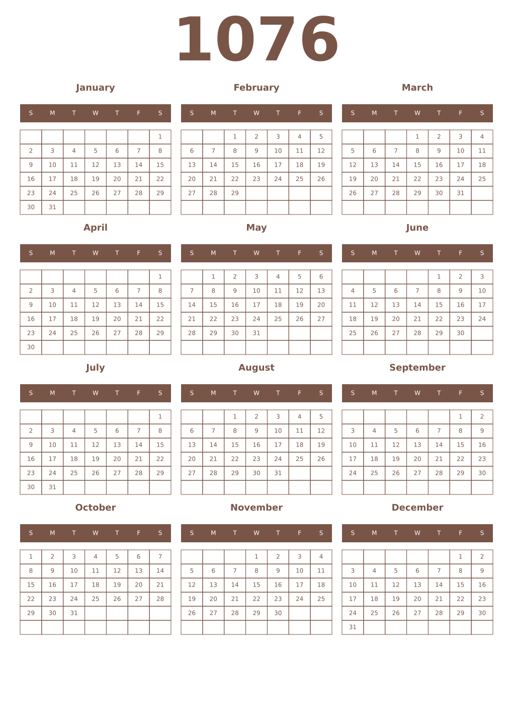 Printable 1076 Year Calendars coffe