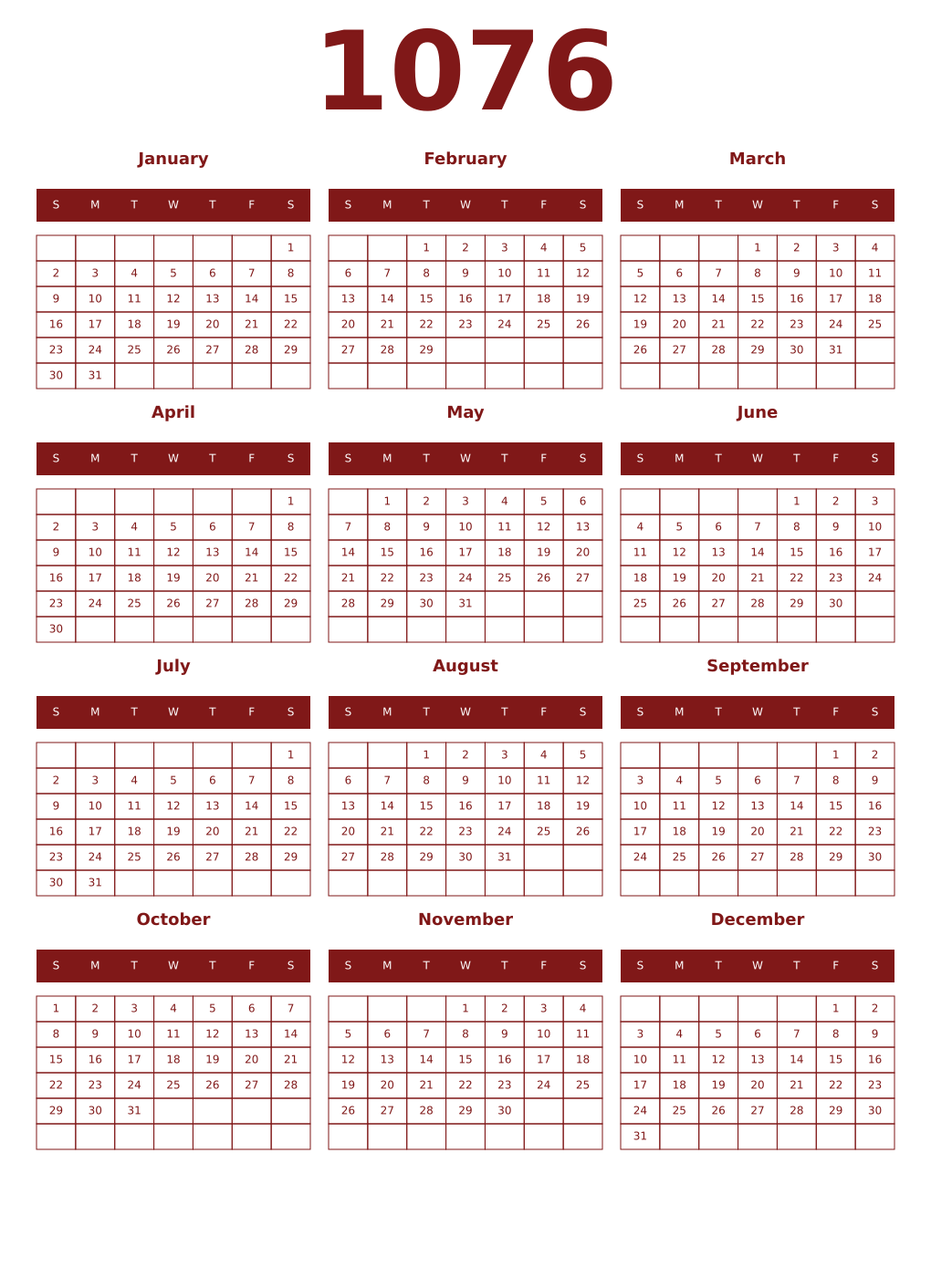 Printable 1076 Year Calendars falu