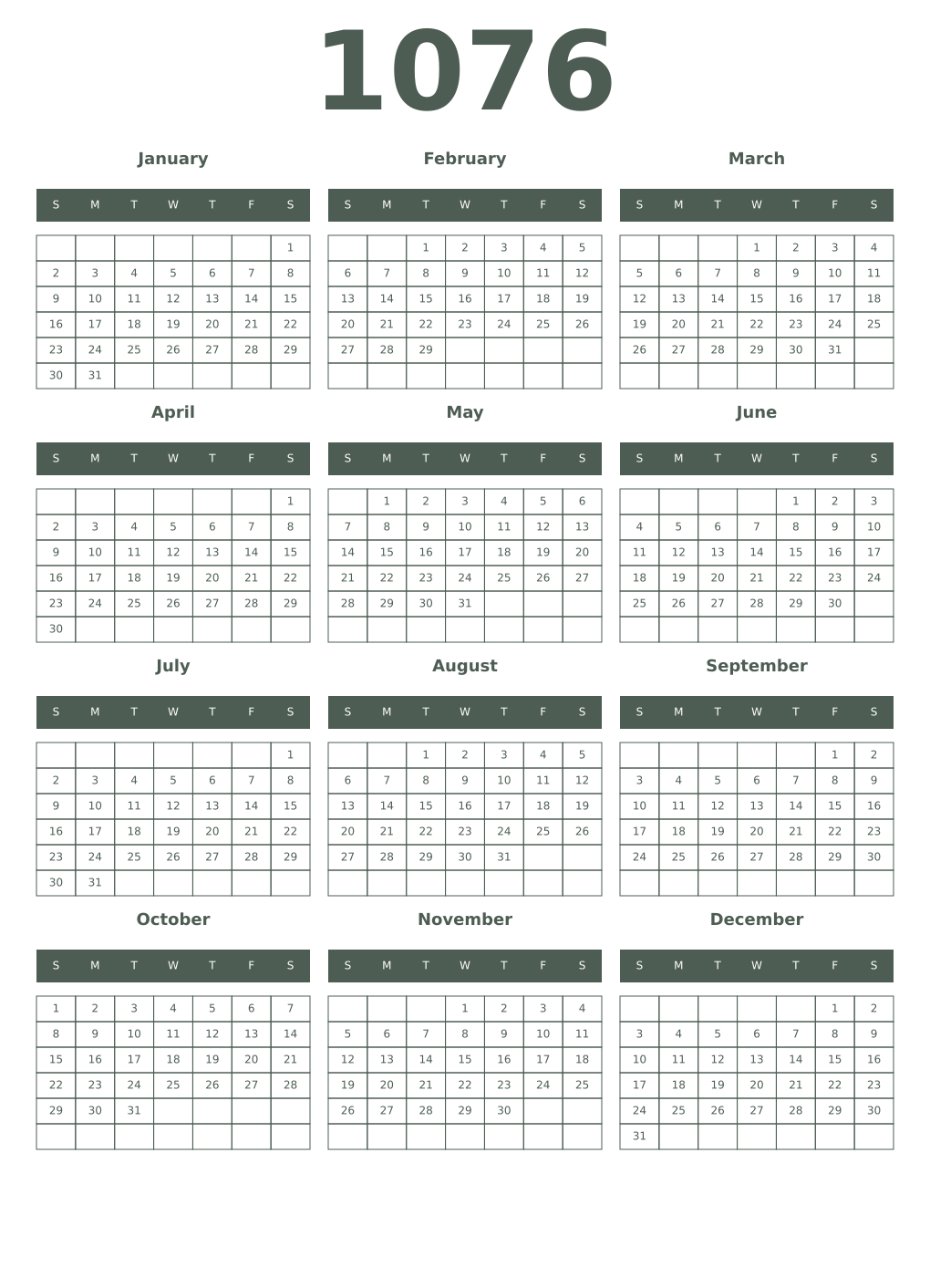 Printable 1076 Year Calendars feldgrau