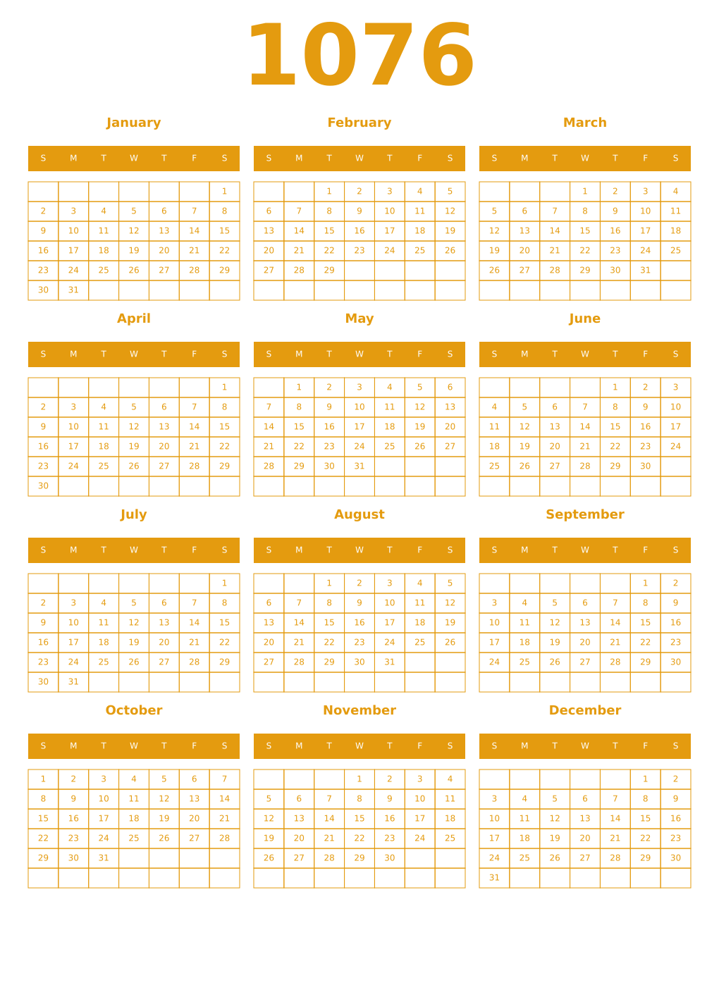 Printable 1076 Year Calendars gamboge