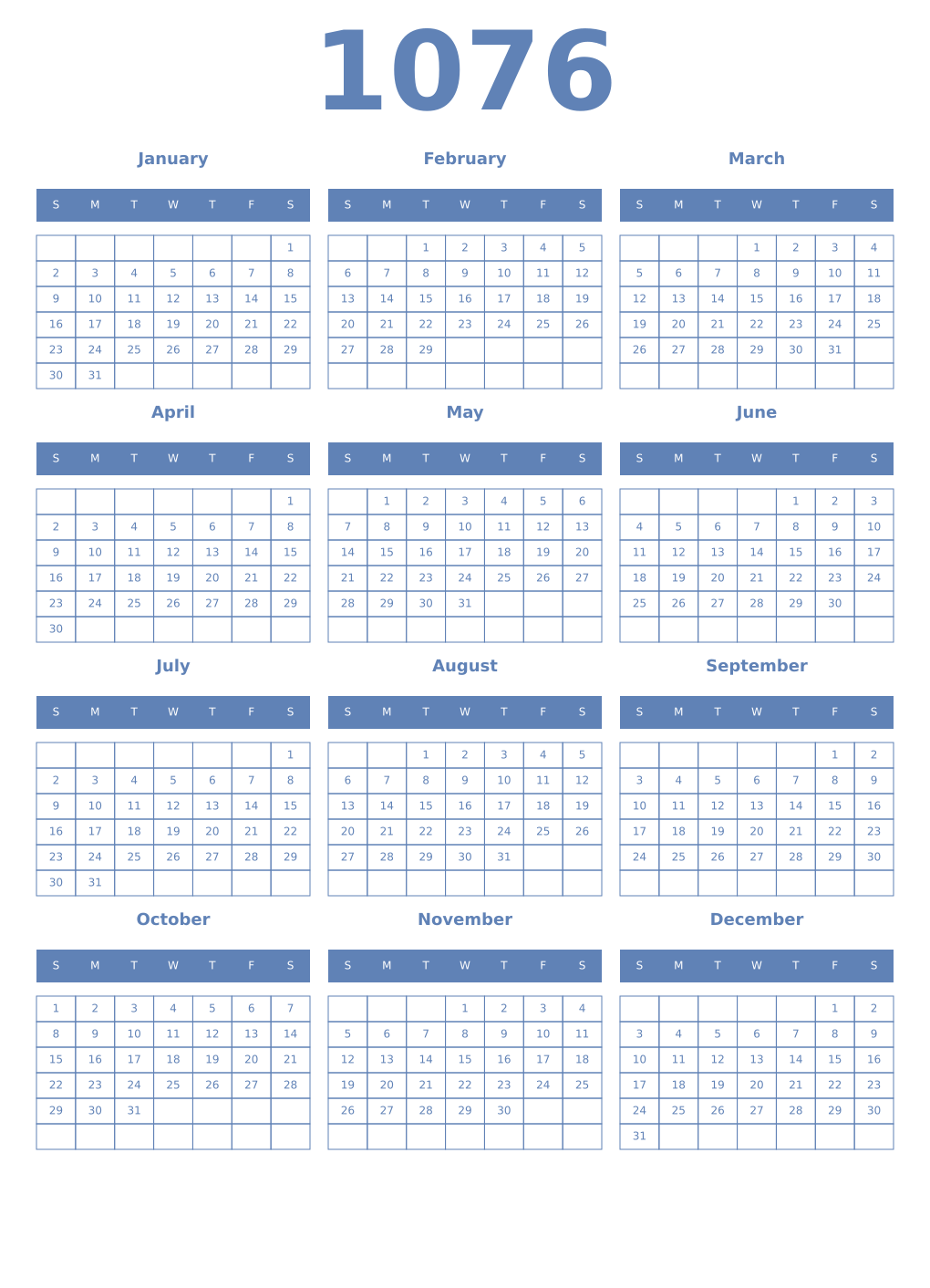 Printable 1076 Year Calendars glaucous