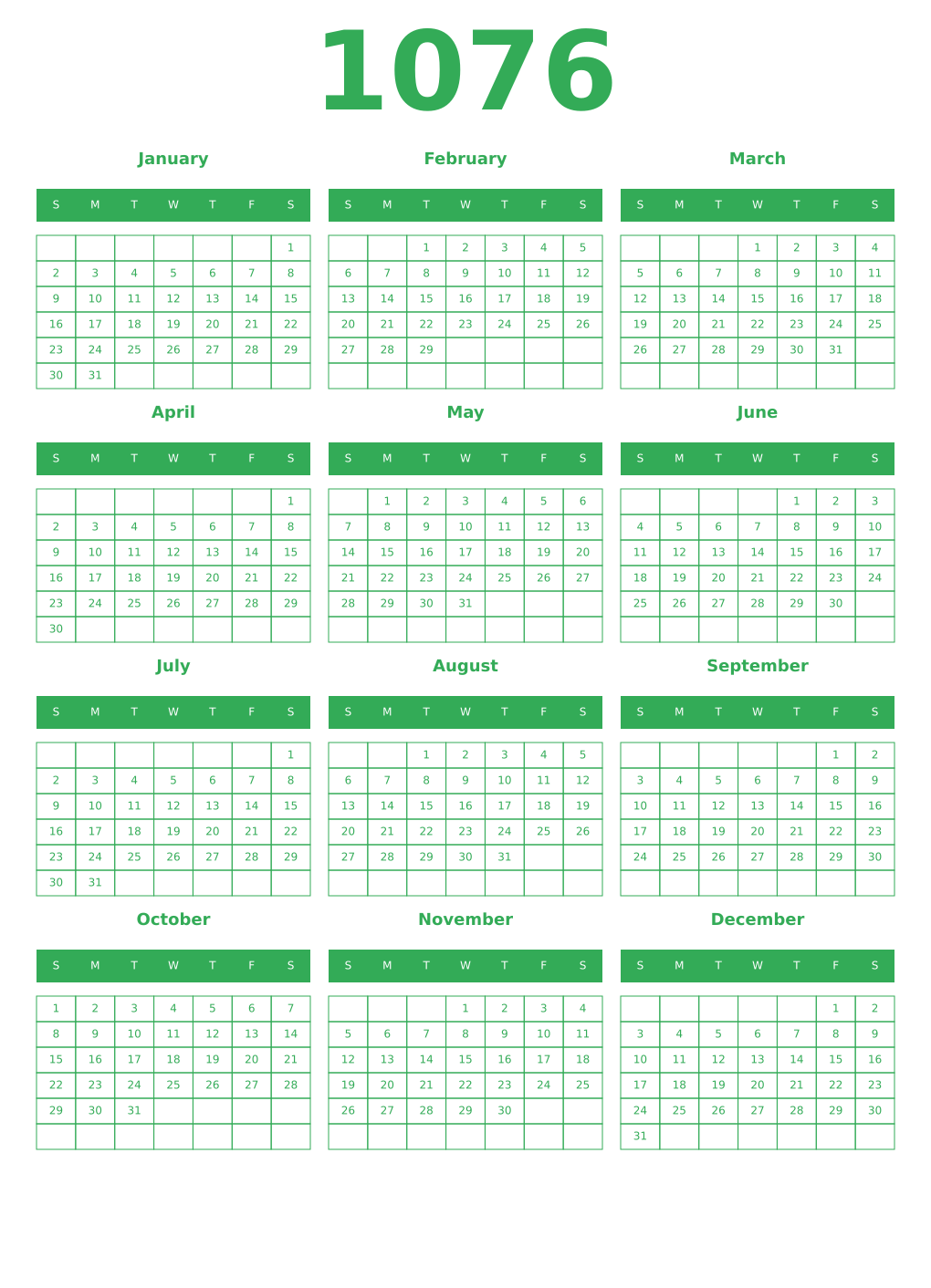 Printable 1076 Year Calendars green