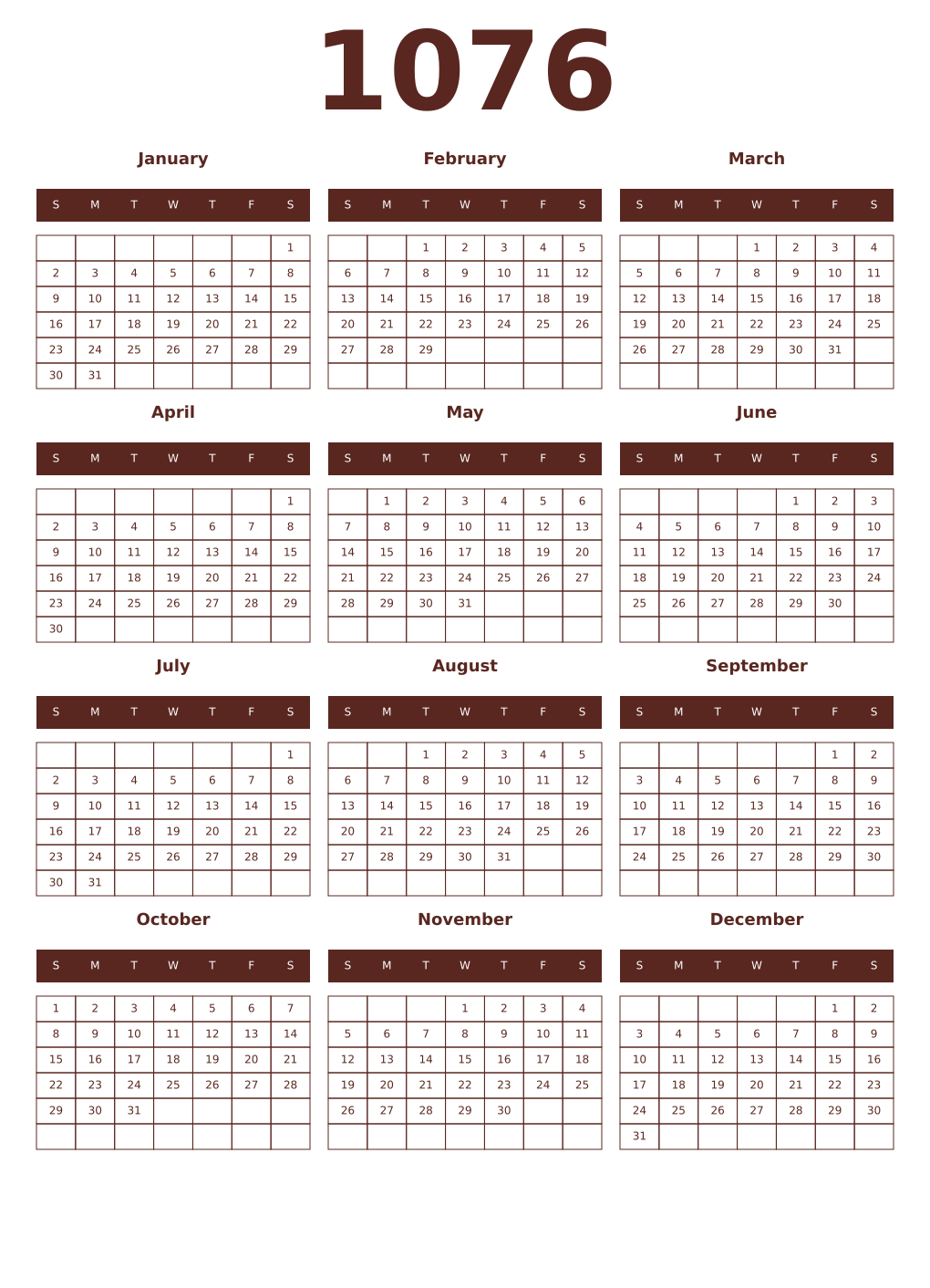 Printable 1076 Year Calendars mortuum