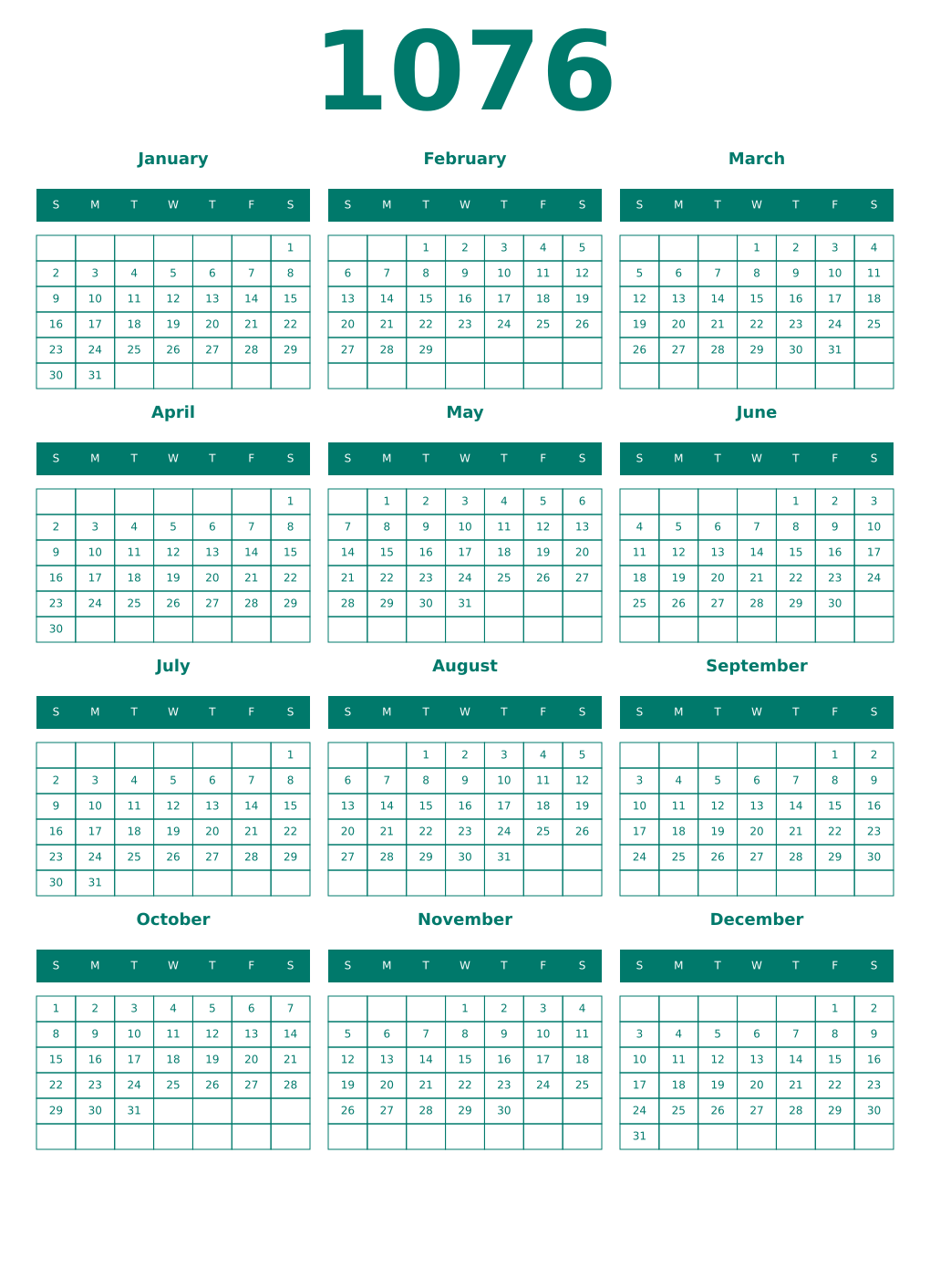 Printable 1076 Year Calendars pastel