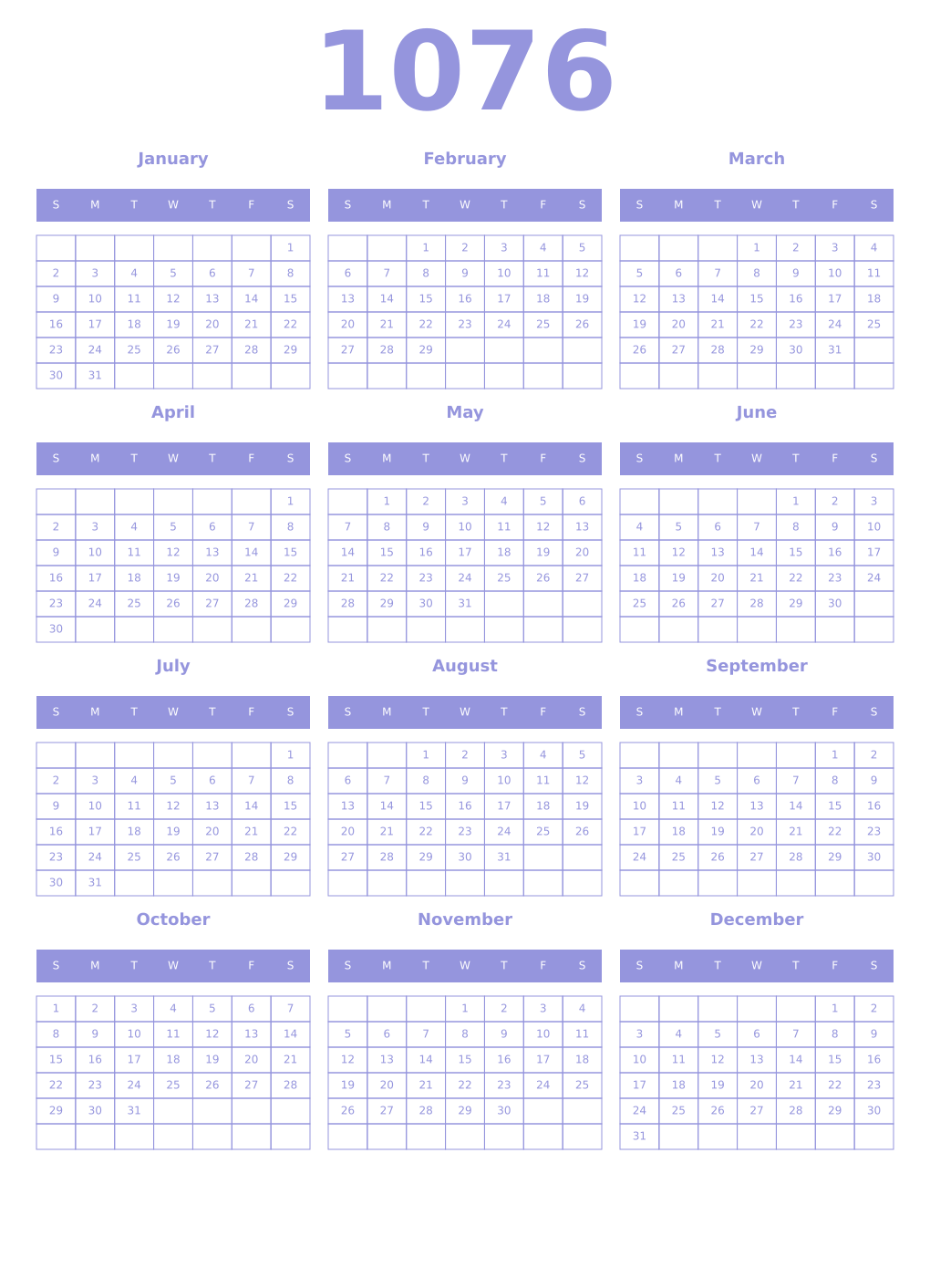 Printable 1076 Year Calendars periwinkle
