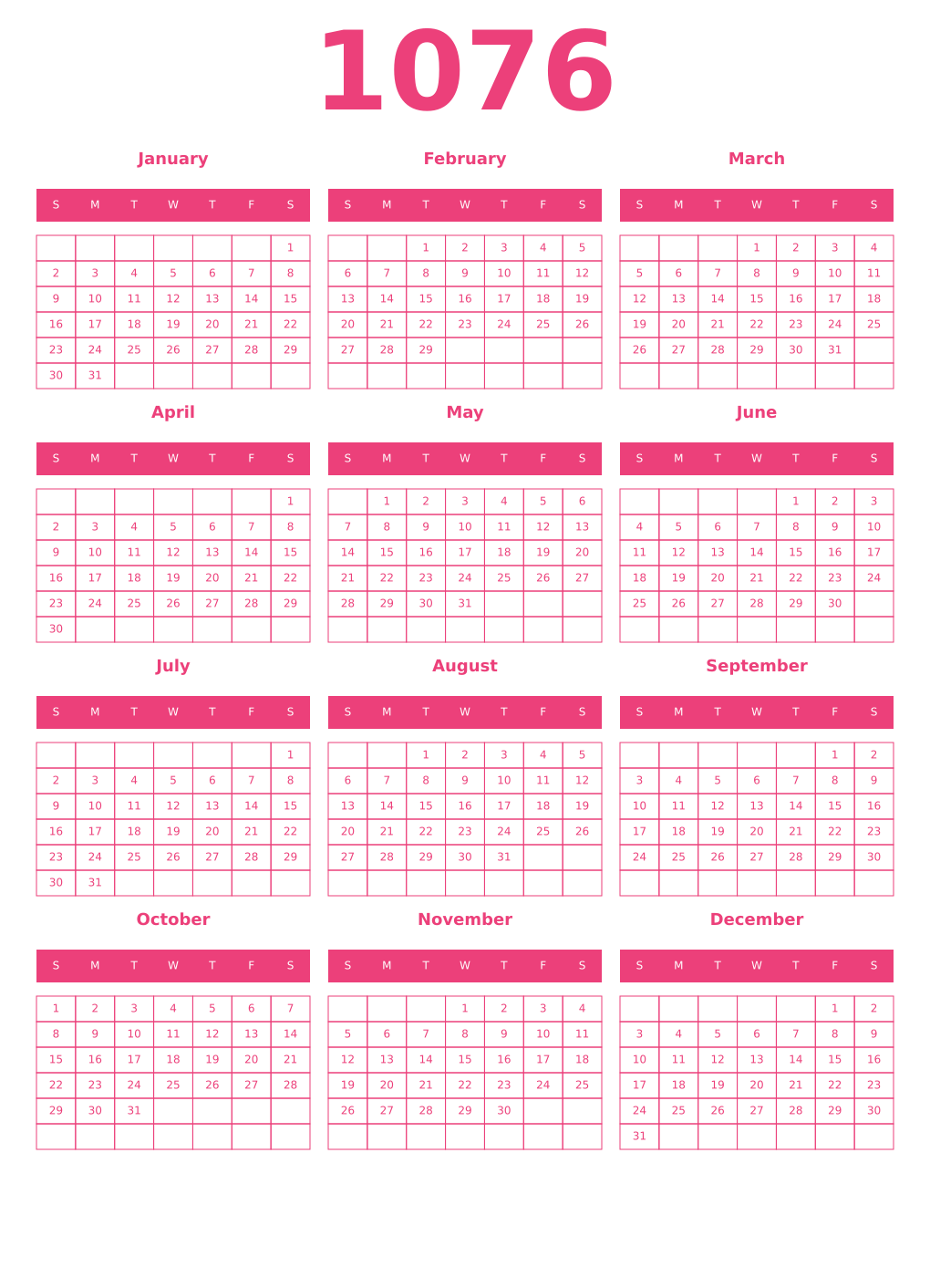 Printable 1076 Year Calendars pink