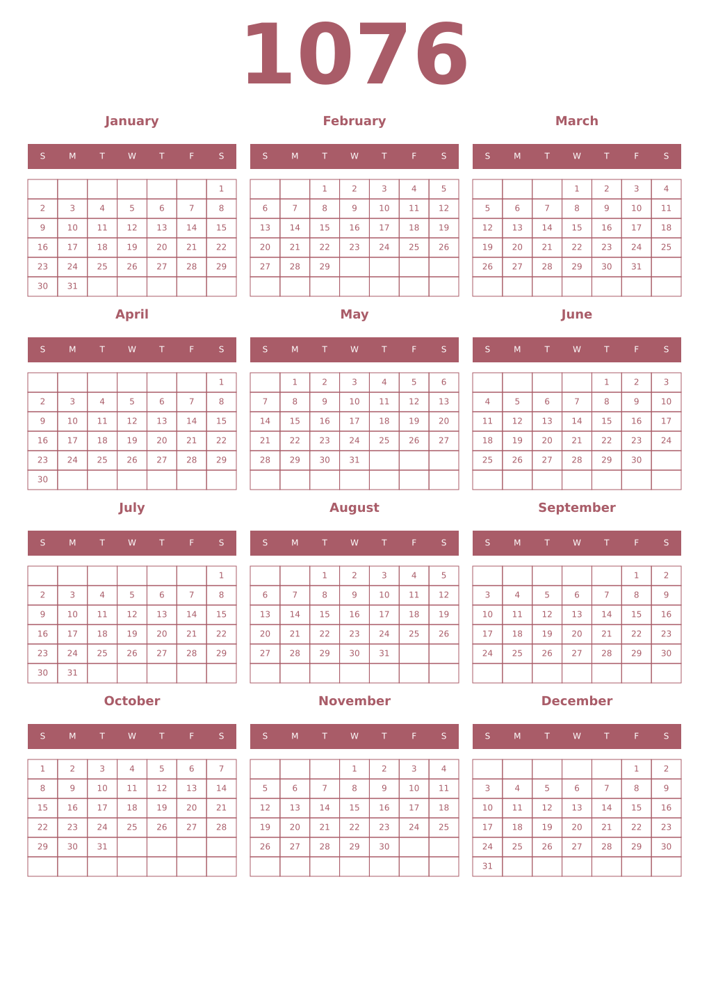Printable 1076 Year Calendars puce