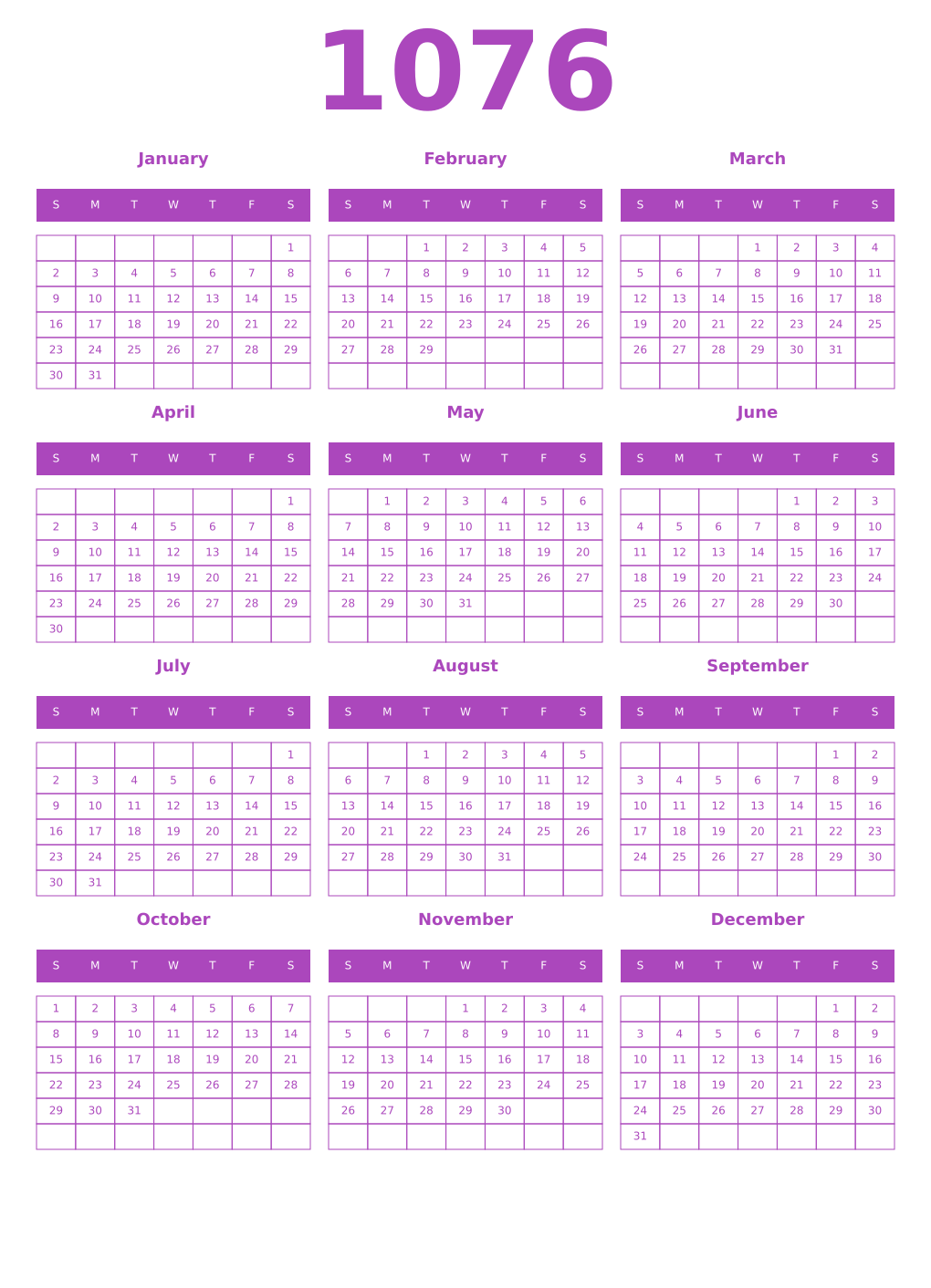 Printable 1076 Year Calendars purple